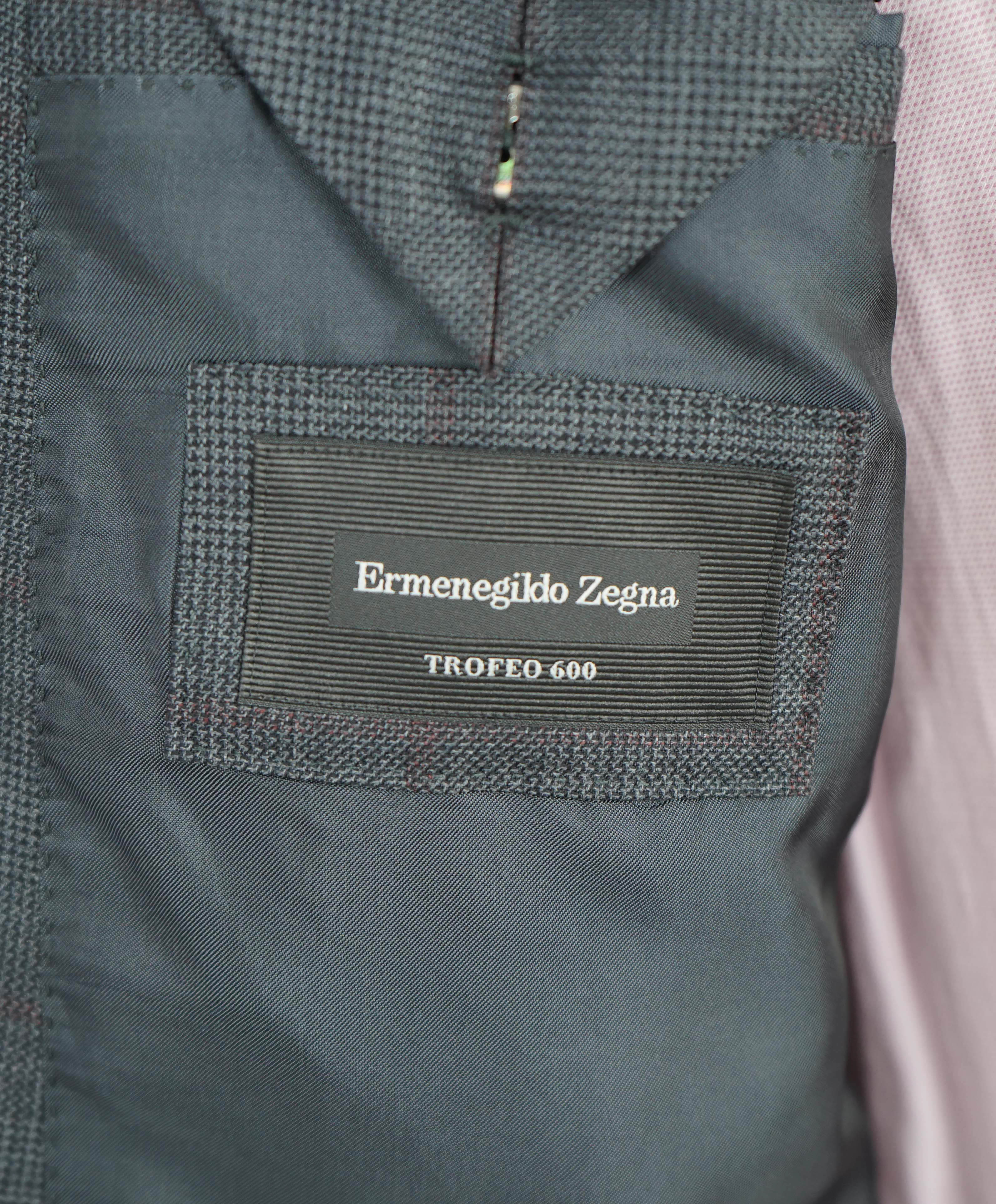 $3,995 ERMENEGILDO ZEGNA -"TROFEO 600" Prince of Wales Check Gray/Red Suit - 40S