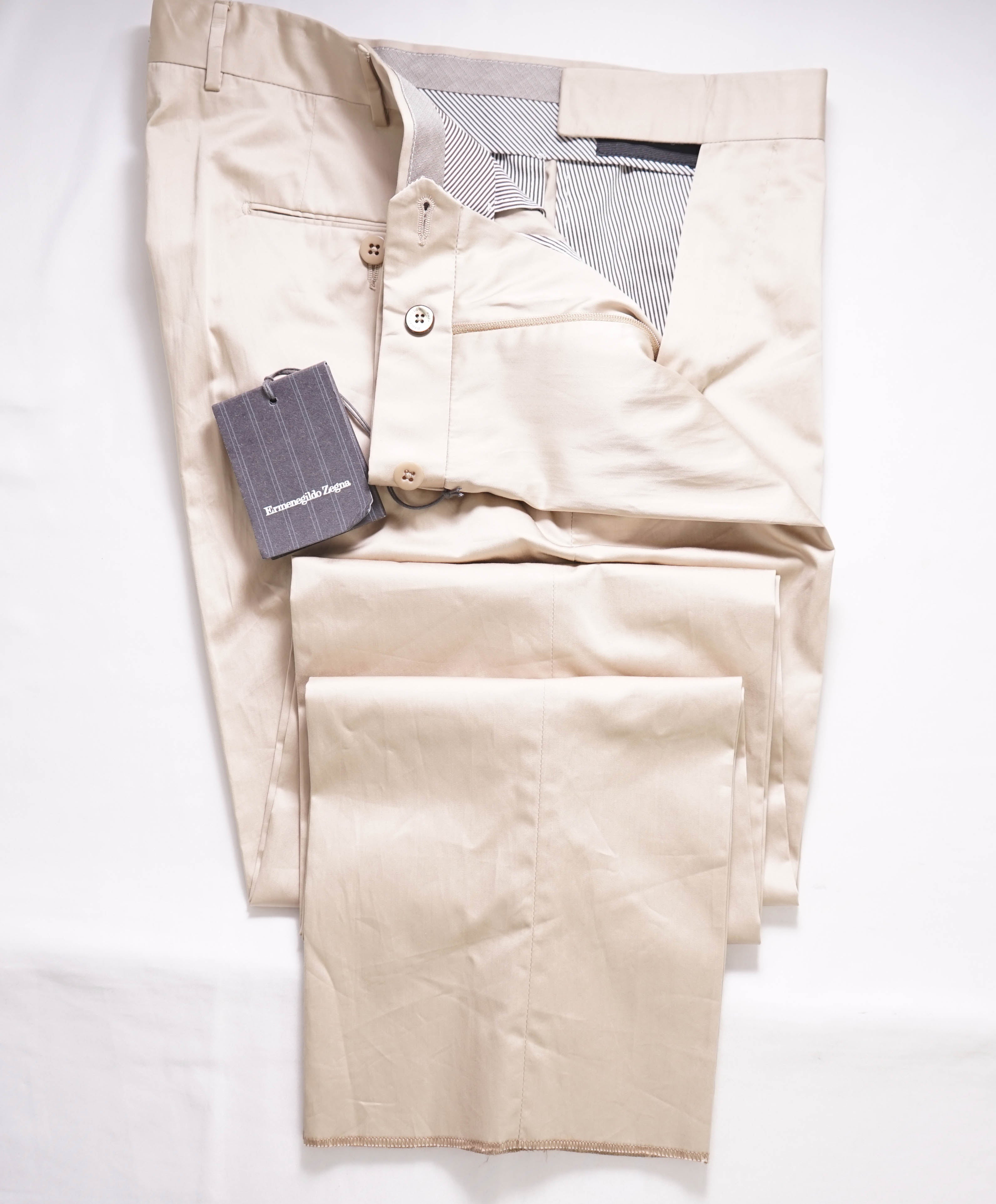 ERMENEGILDO ZEGNA - Beige Cotton Chino Flat Front Pants - 32W