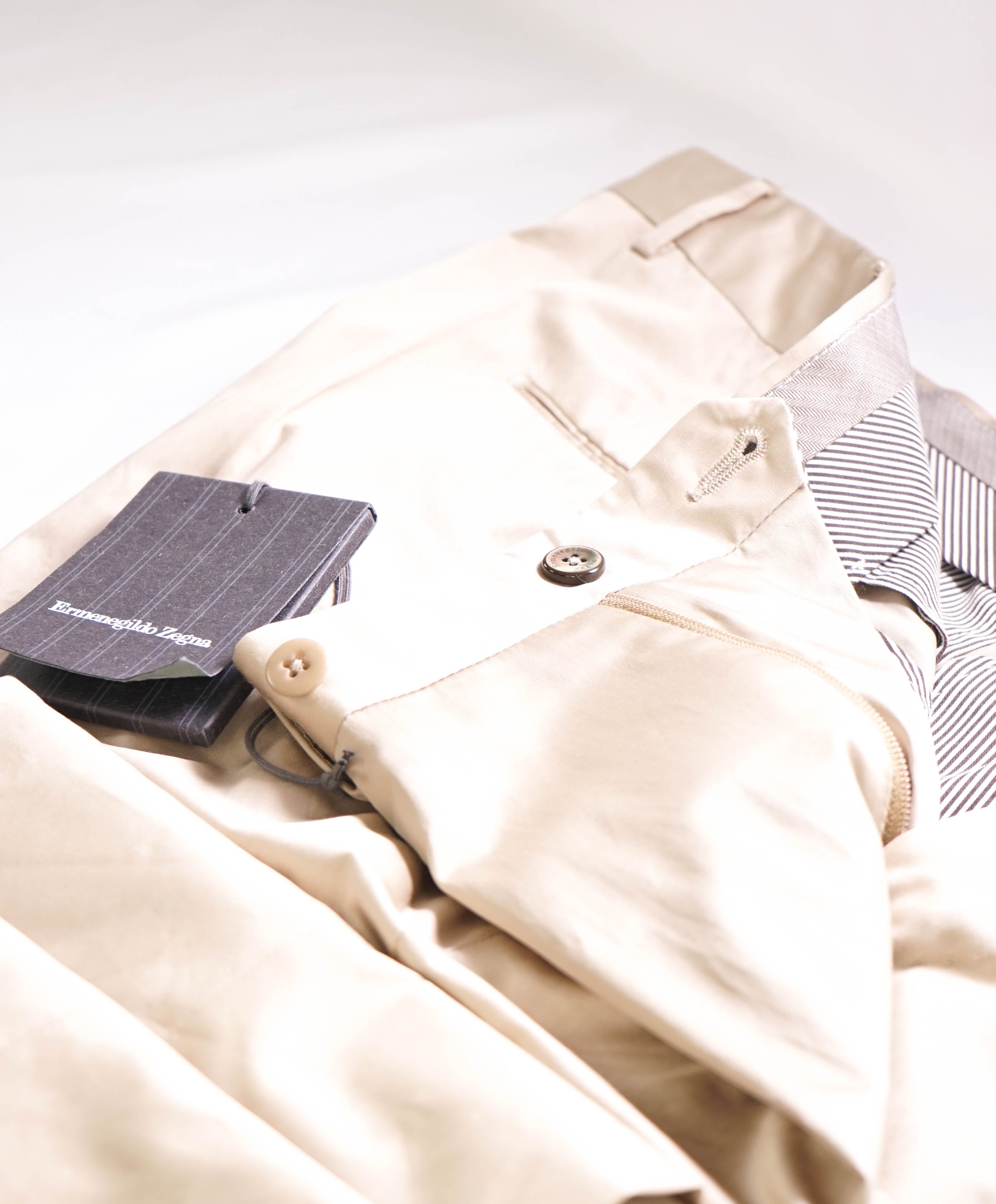 ERMENEGILDO ZEGNA - Beige Cotton Chino Flat Front Pants - 32W