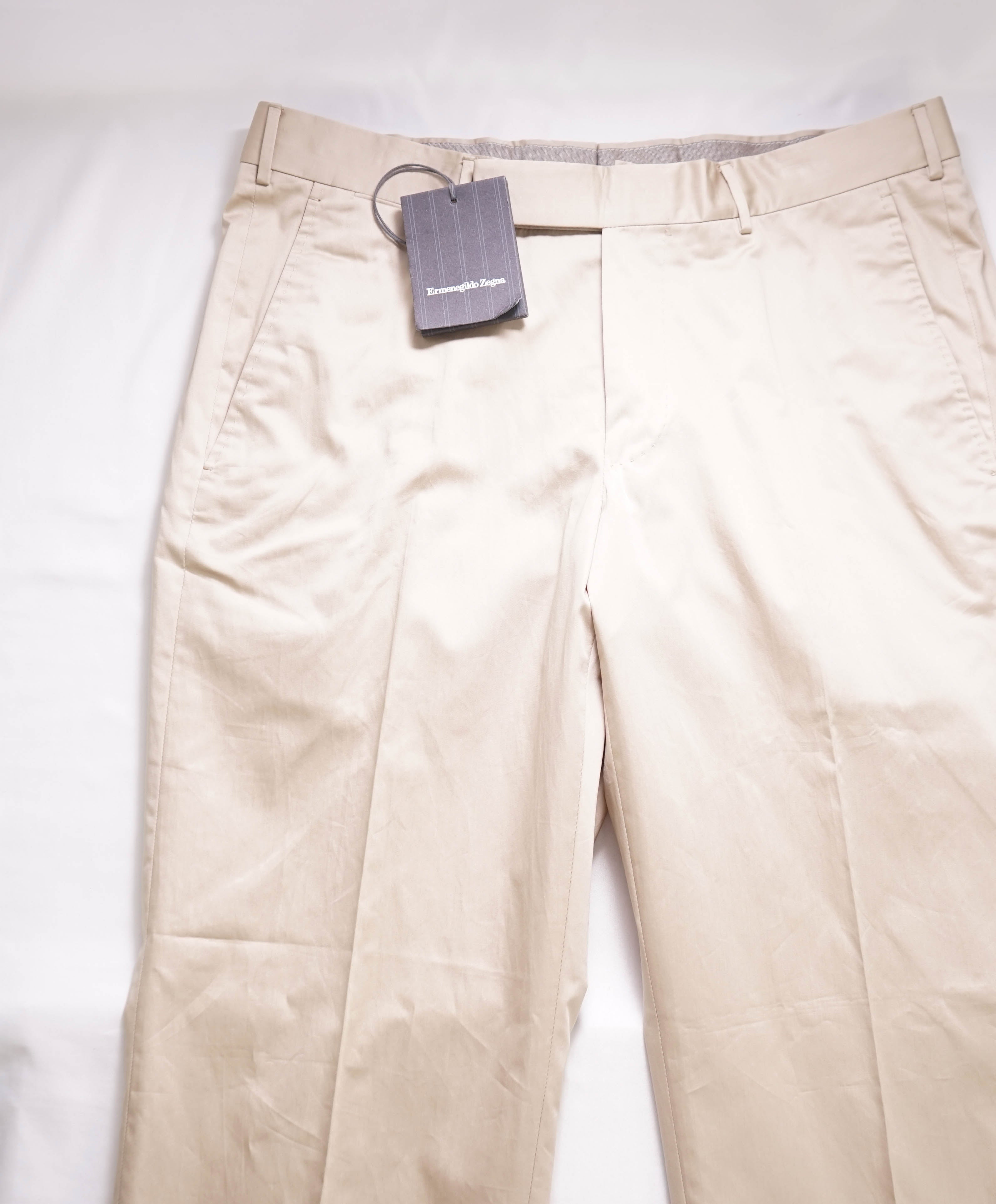 ERMENEGILDO ZEGNA - Beige Cotton Chino Flat Front Pants - 32W