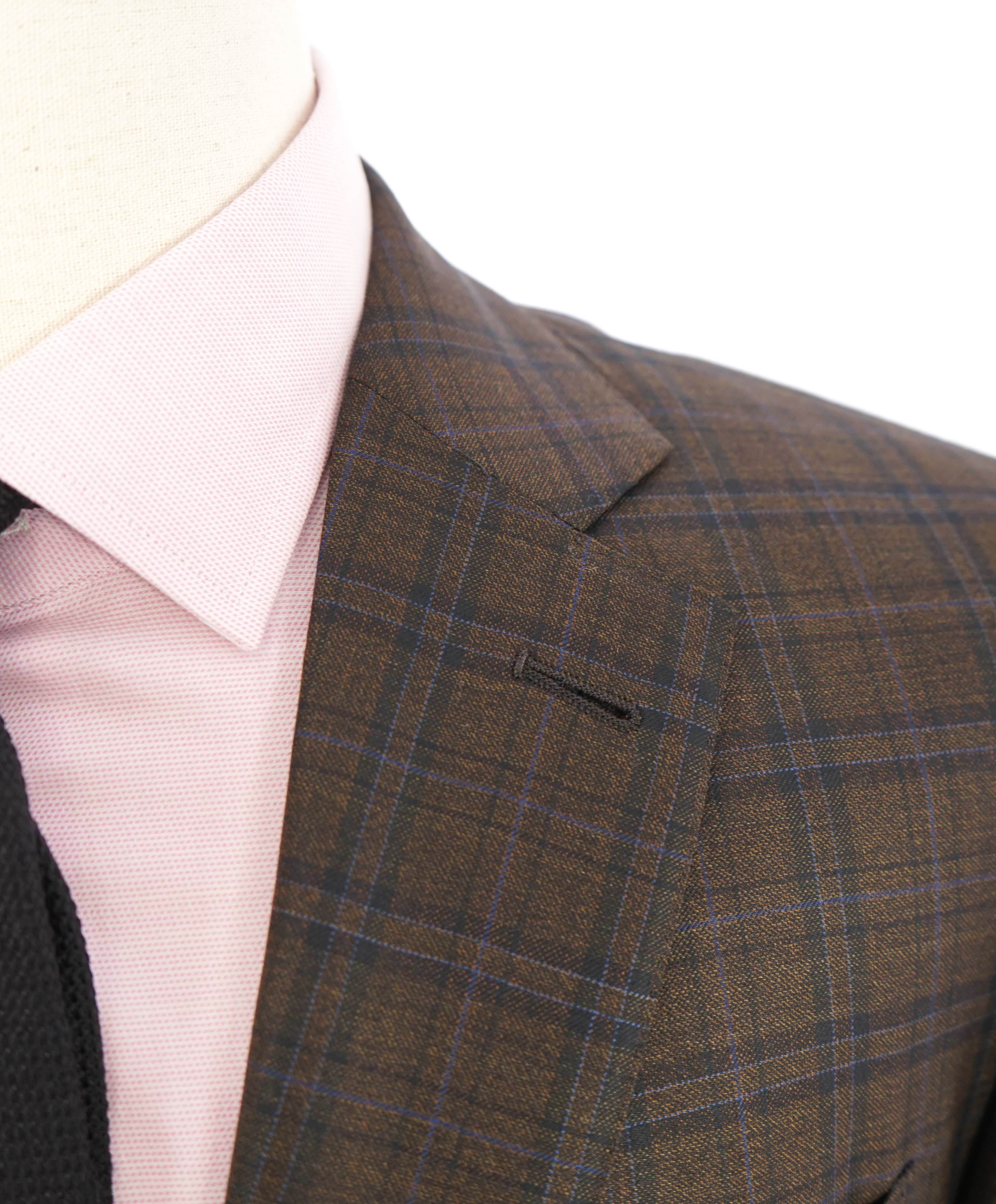 $3,290 ERMENEGILDO ZEGNA- “LANA SUPERFINE” Brown/Blue Check Blazer- 46R