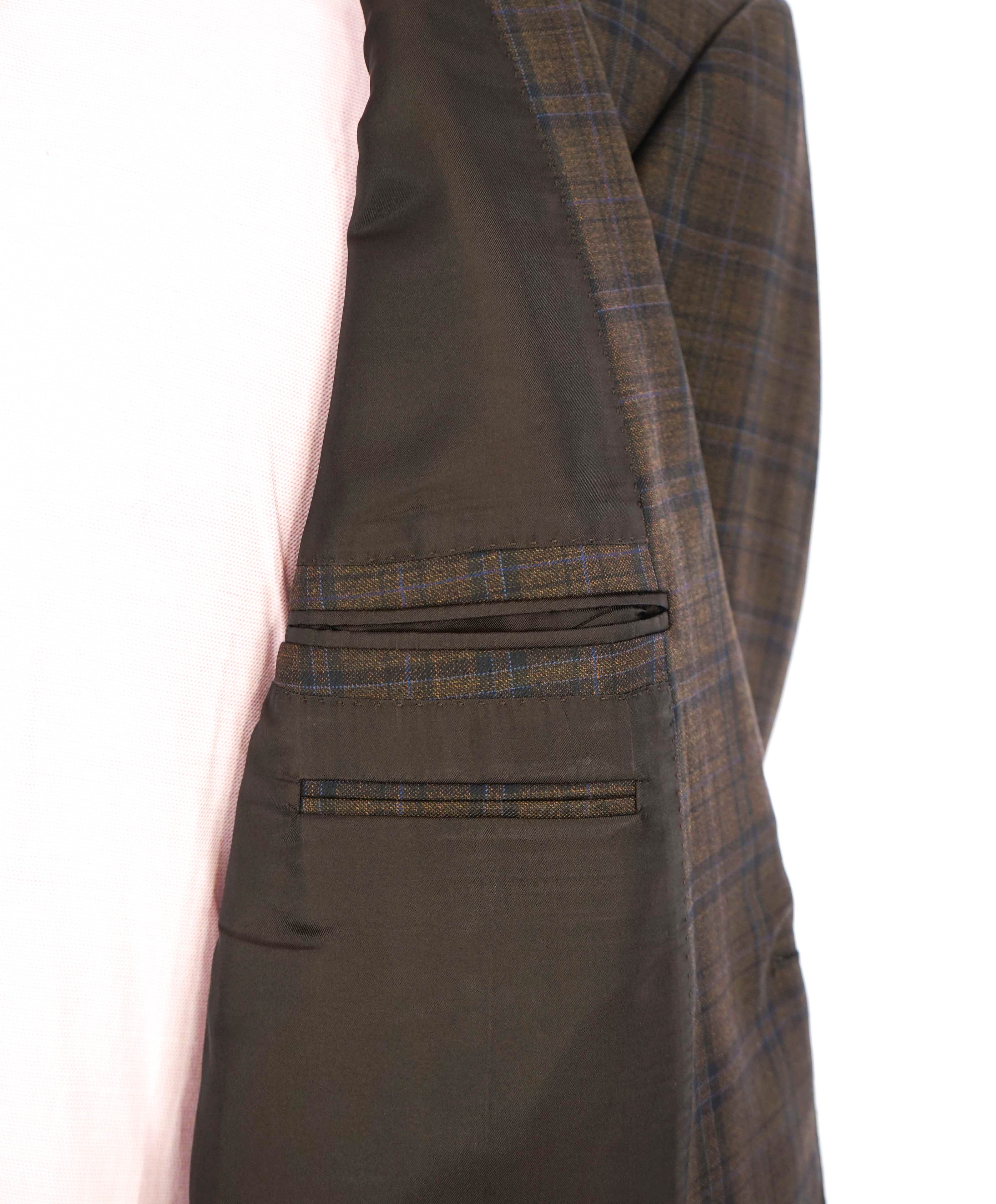 $3,290 ERMENEGILDO ZEGNA- “LANA SUPERFINE” Brown/Blue Check Blazer- 46R