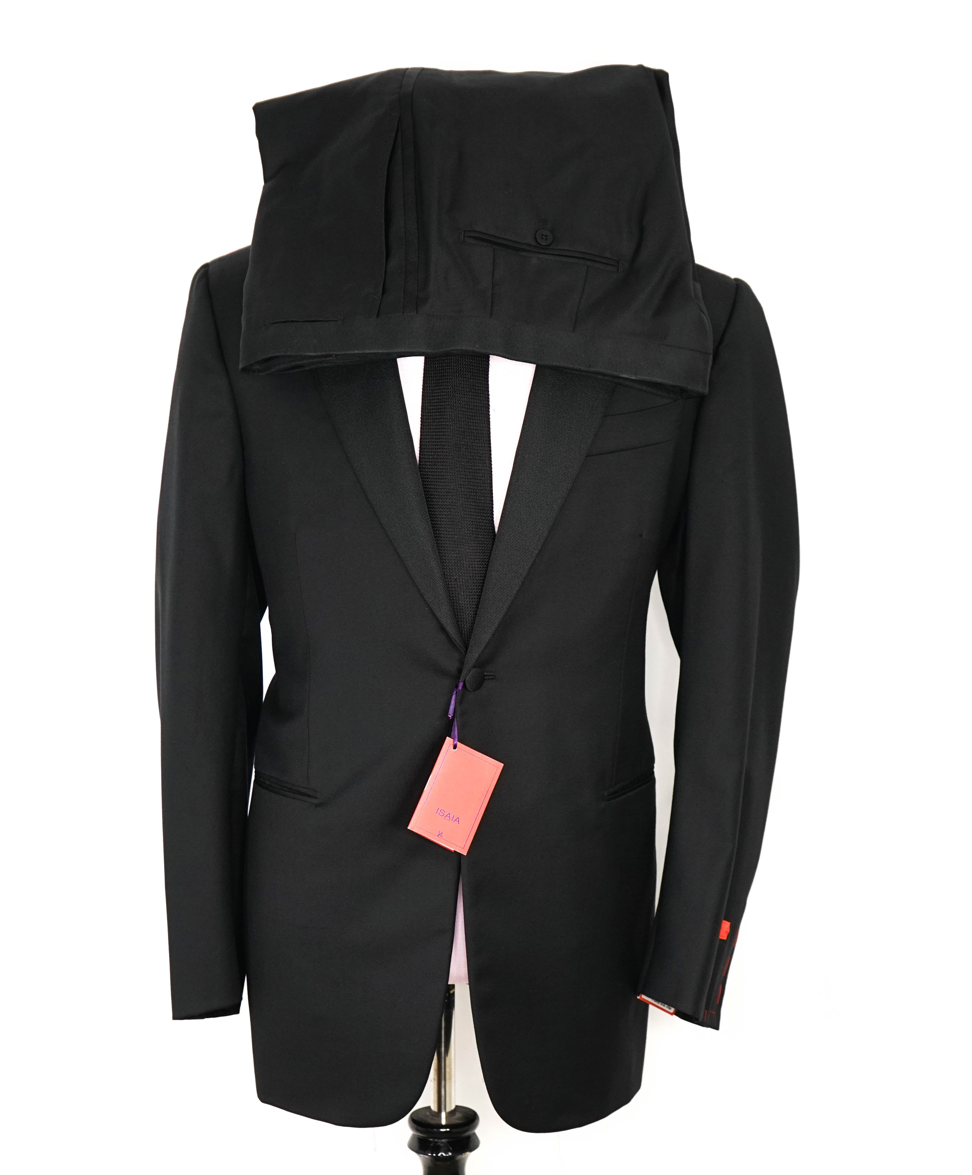 $4,595 ISAIA - "AQUASPIDER" Satin PEAK LAPEL Black Wool Tuxedo - 46L