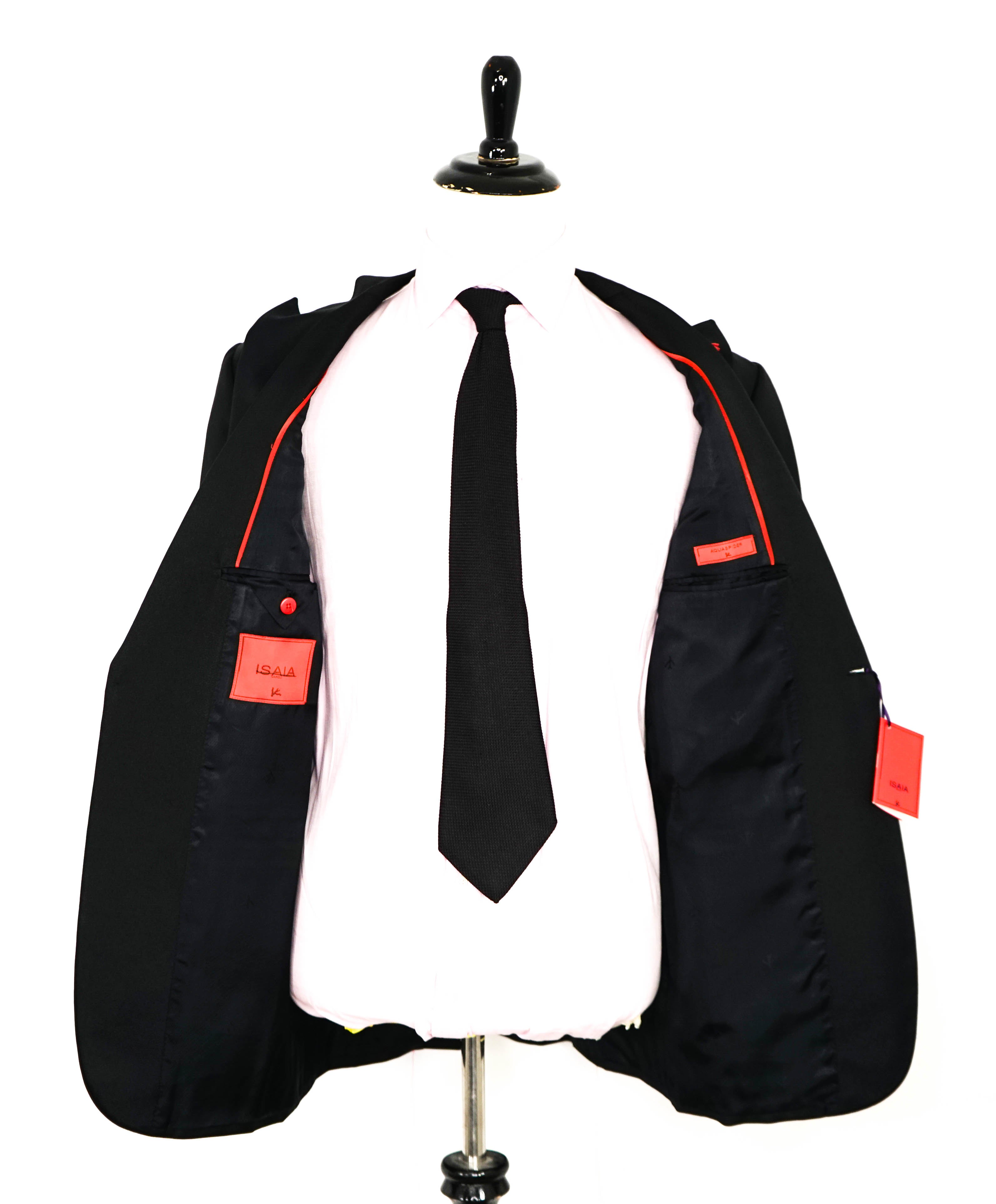 $4,595 ISAIA - "AQUASPIDER" Satin PEAK LAPEL Black Wool Tuxedo - 46L