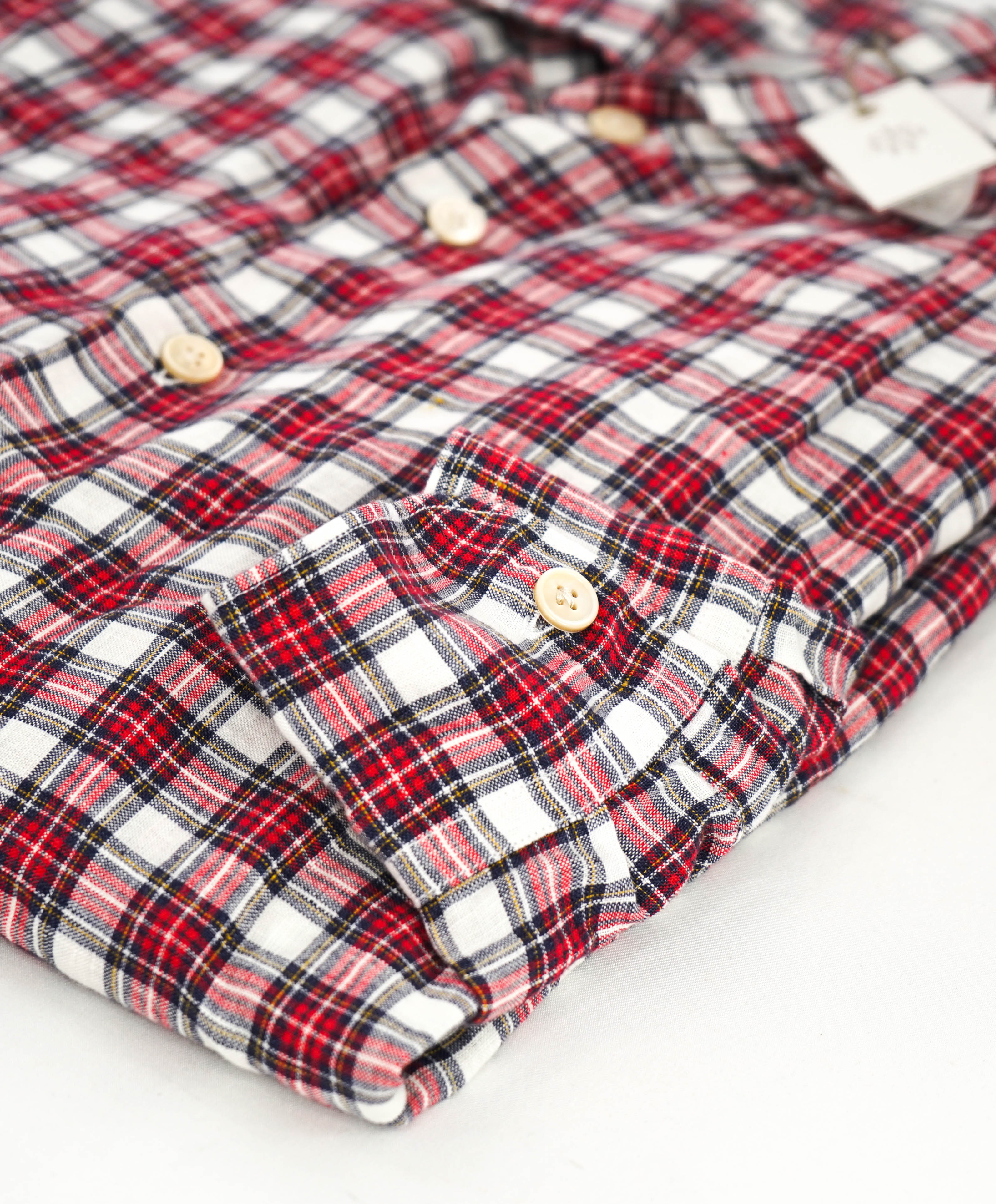 $395 ELEVENTY - Classic Check Soft LINEN Red Button Dress Shirt - M