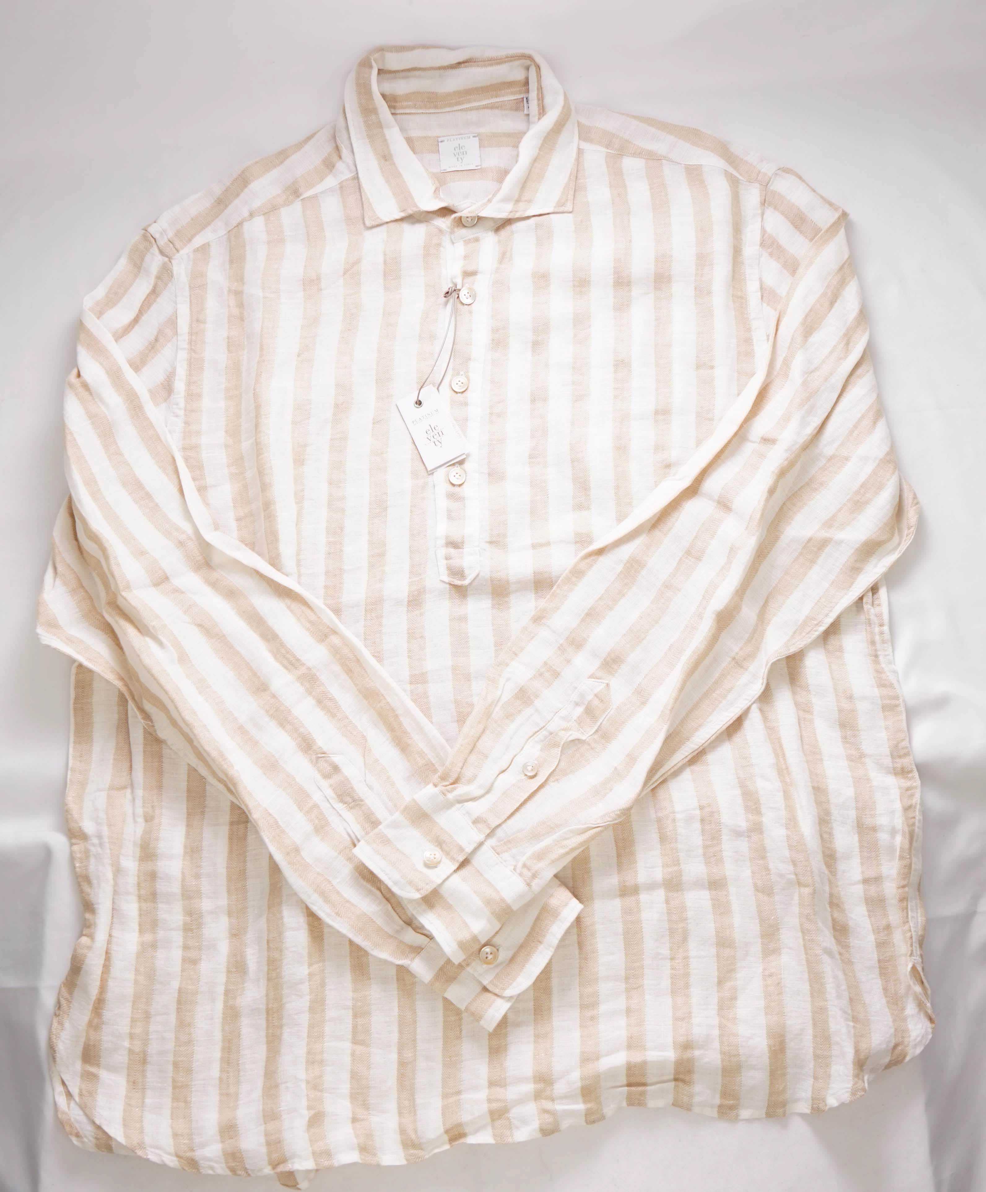 $395 ELEVENTY - *POPOVER* Broad Stripe Neutral LINEN Button Dress Shirt - XXXL (44) (17.5)
