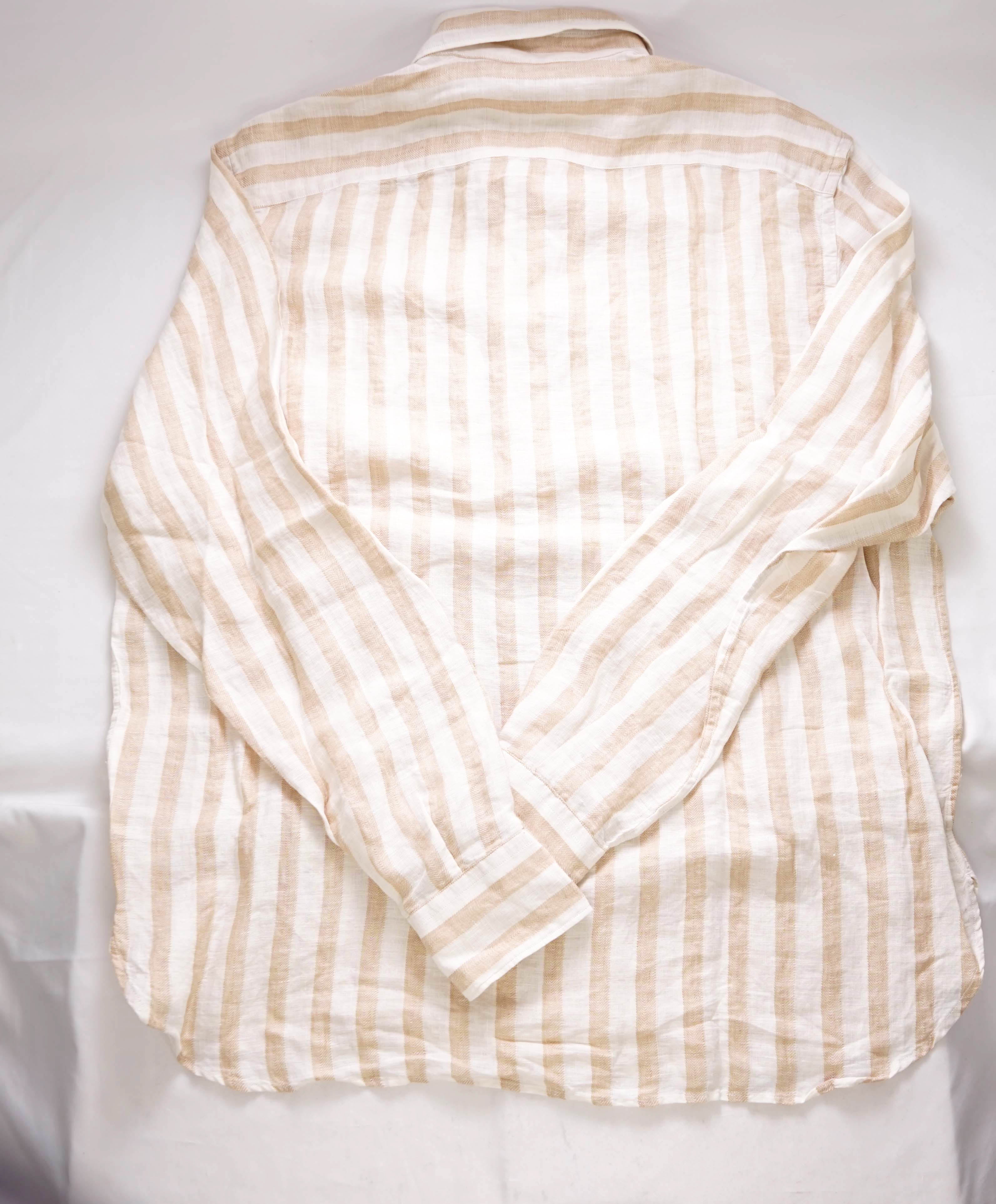 $395 ELEVENTY - *POPOVER* Broad Stripe Neutral LINEN Button Dress Shirt - XXXL (44) (17.5)