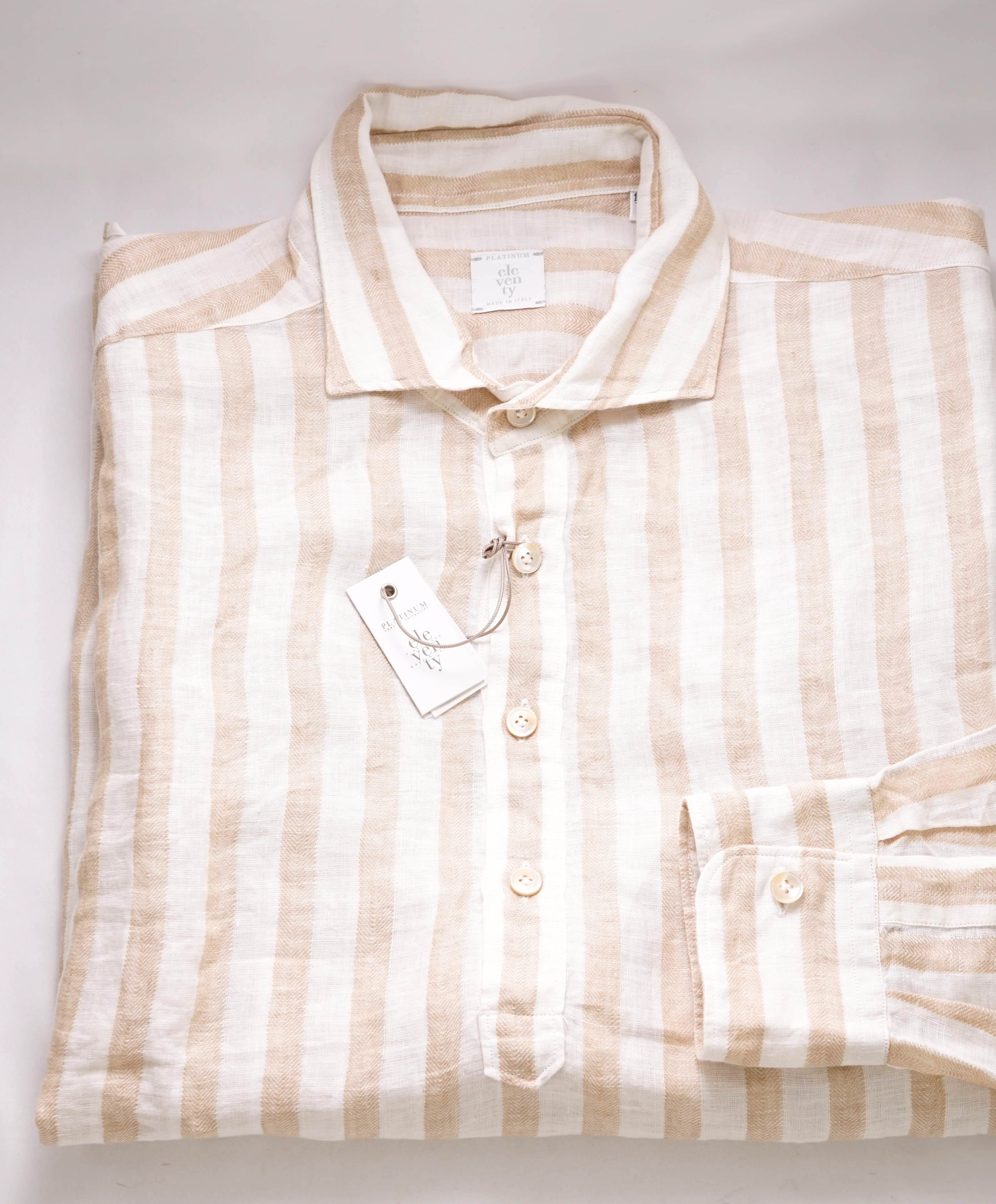 $395 ELEVENTY - *POPOVER* Broad Stripe Neutral LINEN Button Dress Shirt - XXXL (44) (17.5)
