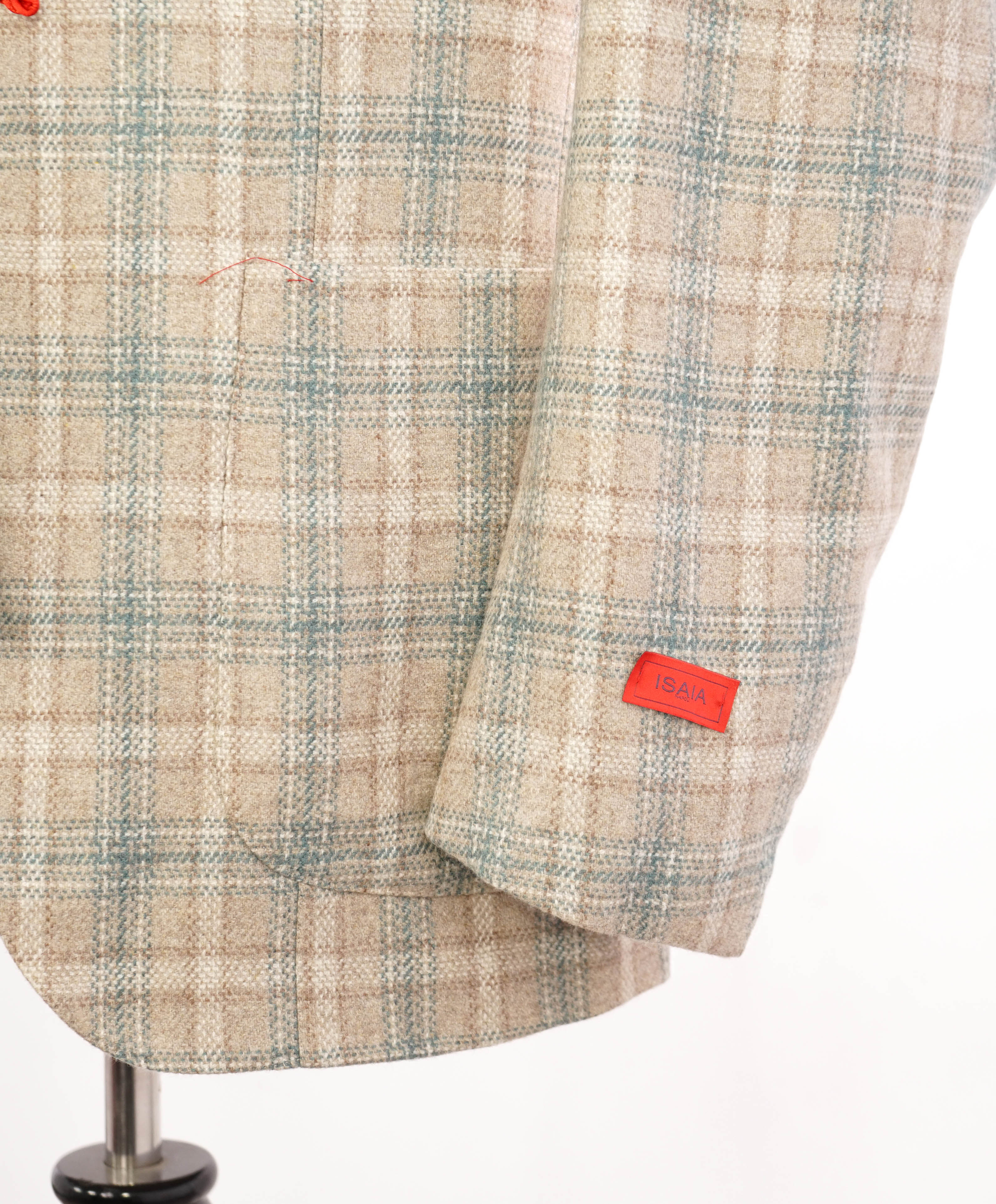 $4,995 ISAIA - 98% CASHMERE Neutral Beige Plaid Logo Blazer - 44R