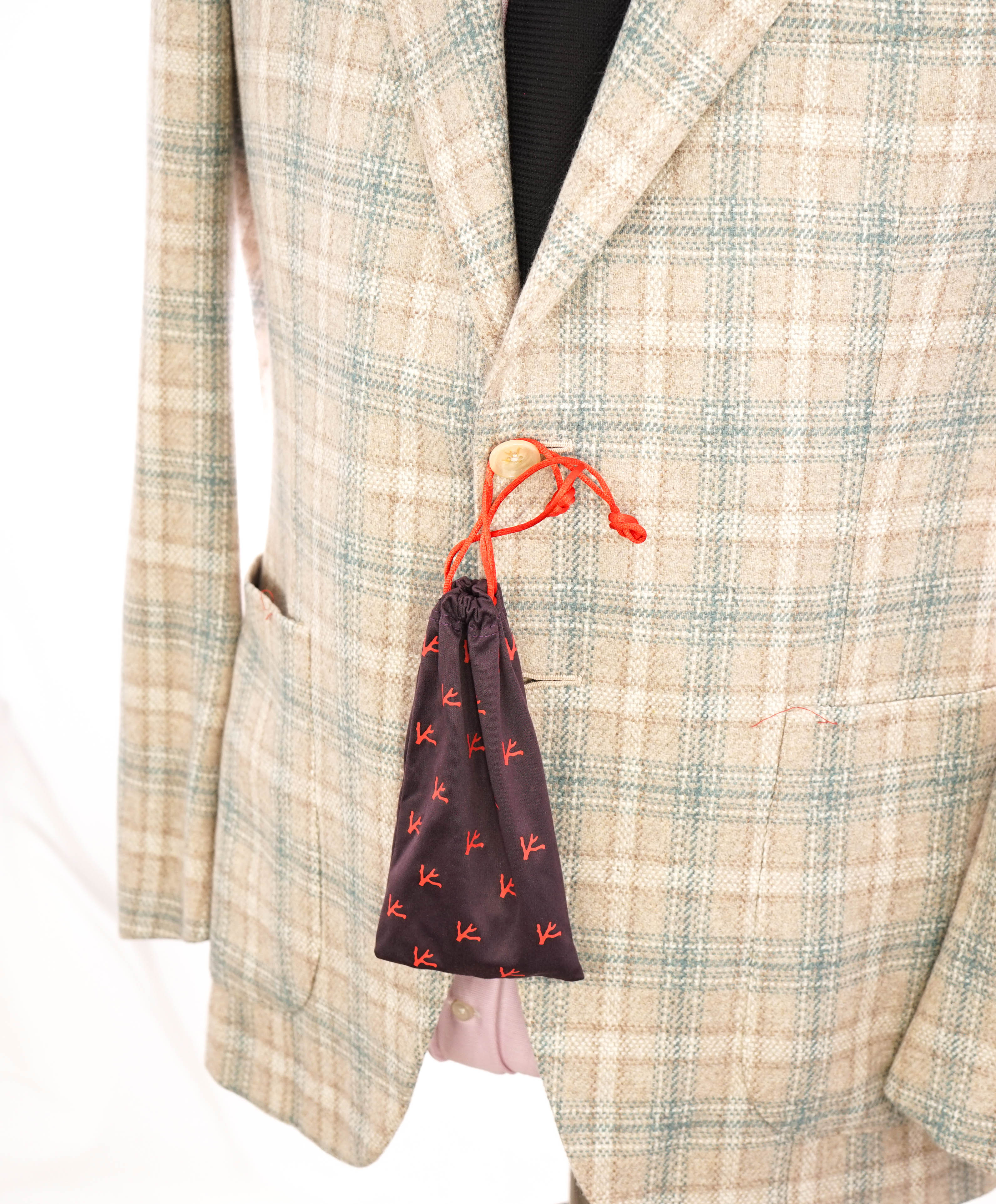 $4,995 ISAIA - 98% CASHMERE Neutral Beige Plaid Logo Blazer - 44R