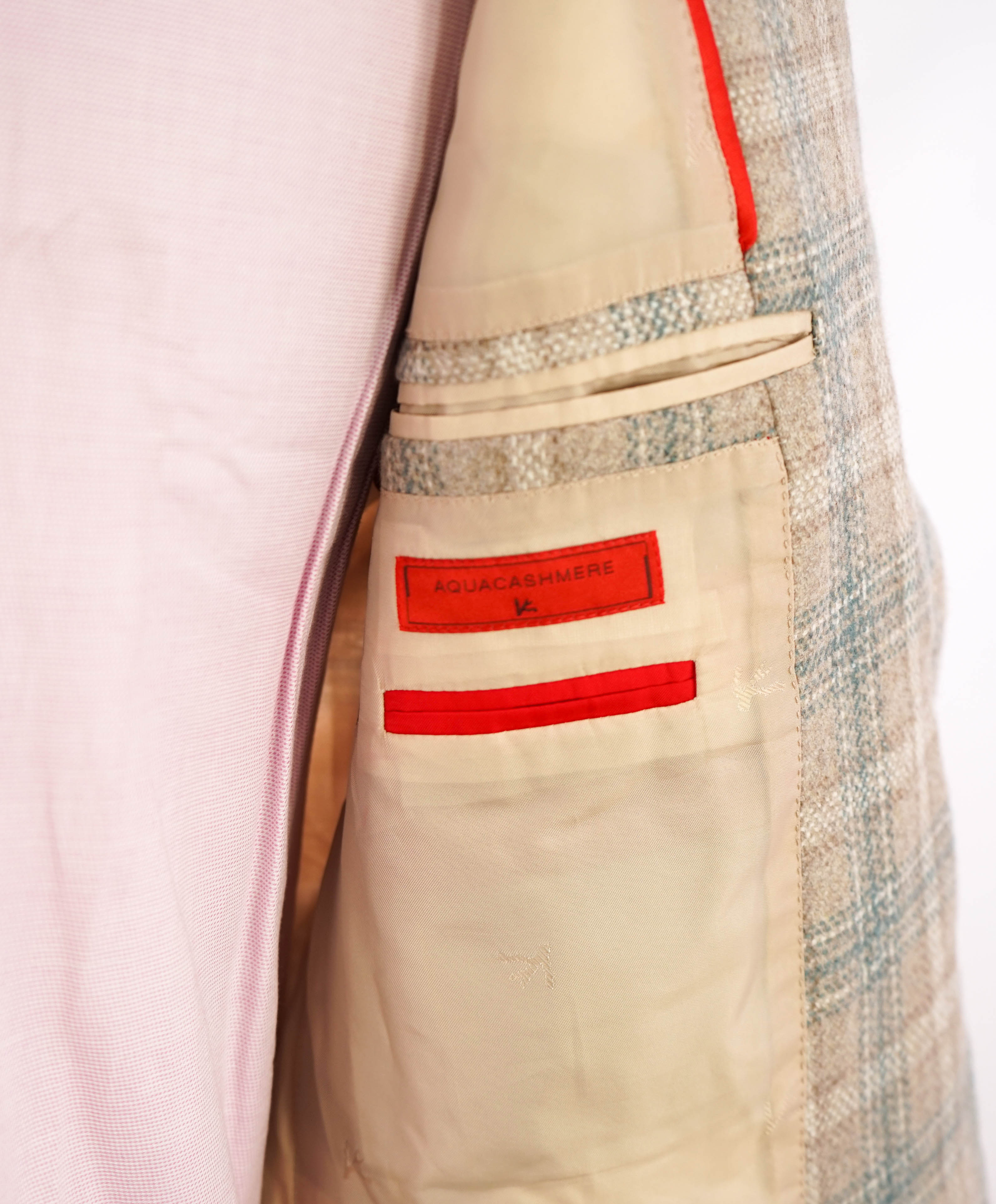 $4,995 ISAIA - 98% CASHMERE Neutral Beige Plaid Logo Blazer - 44R