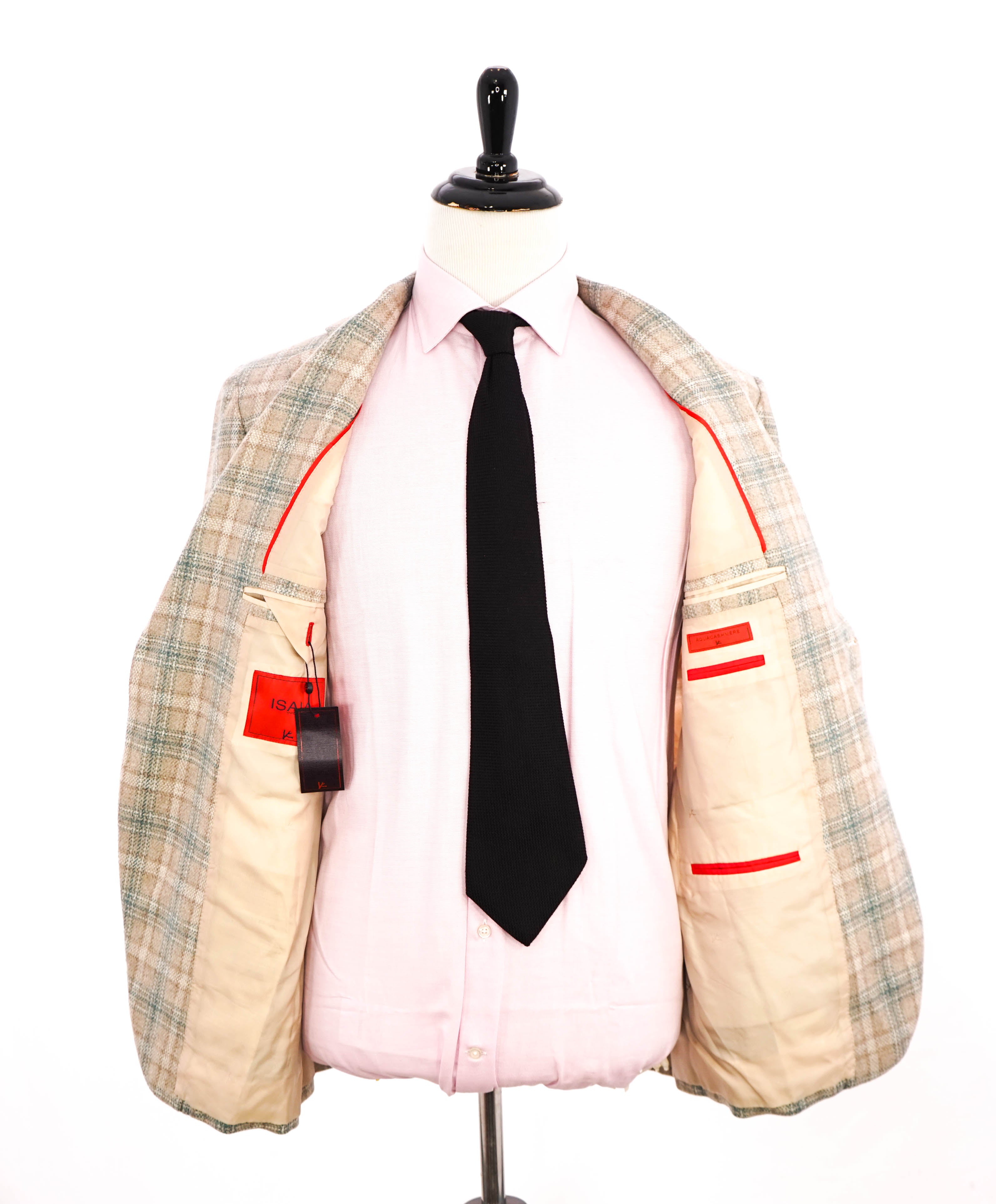 $4,995 ISAIA - 98% CASHMERE Neutral Beige Plaid Logo Blazer - 44R