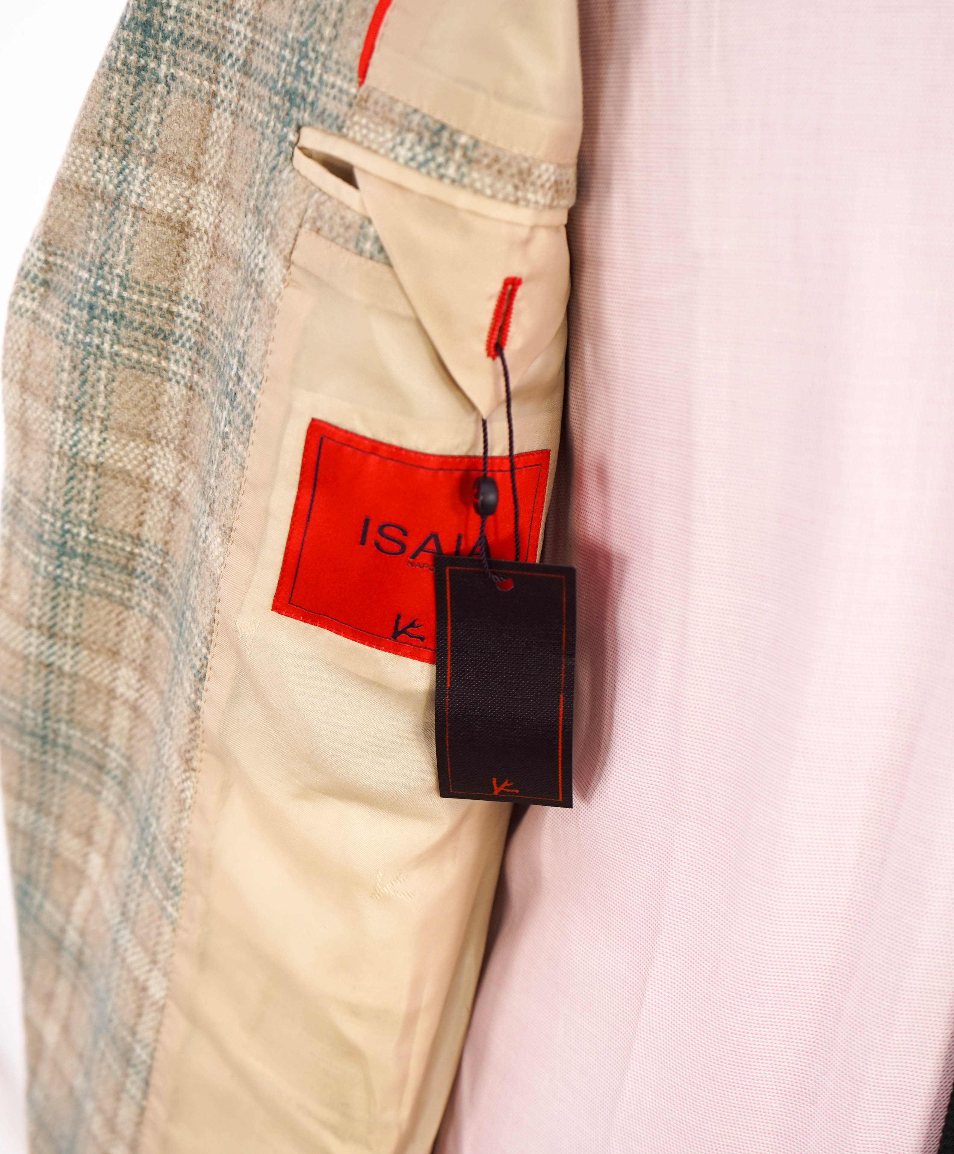 $4,995 ISAIA - 98% CASHMERE Neutral Beige Plaid Logo Blazer - 44R