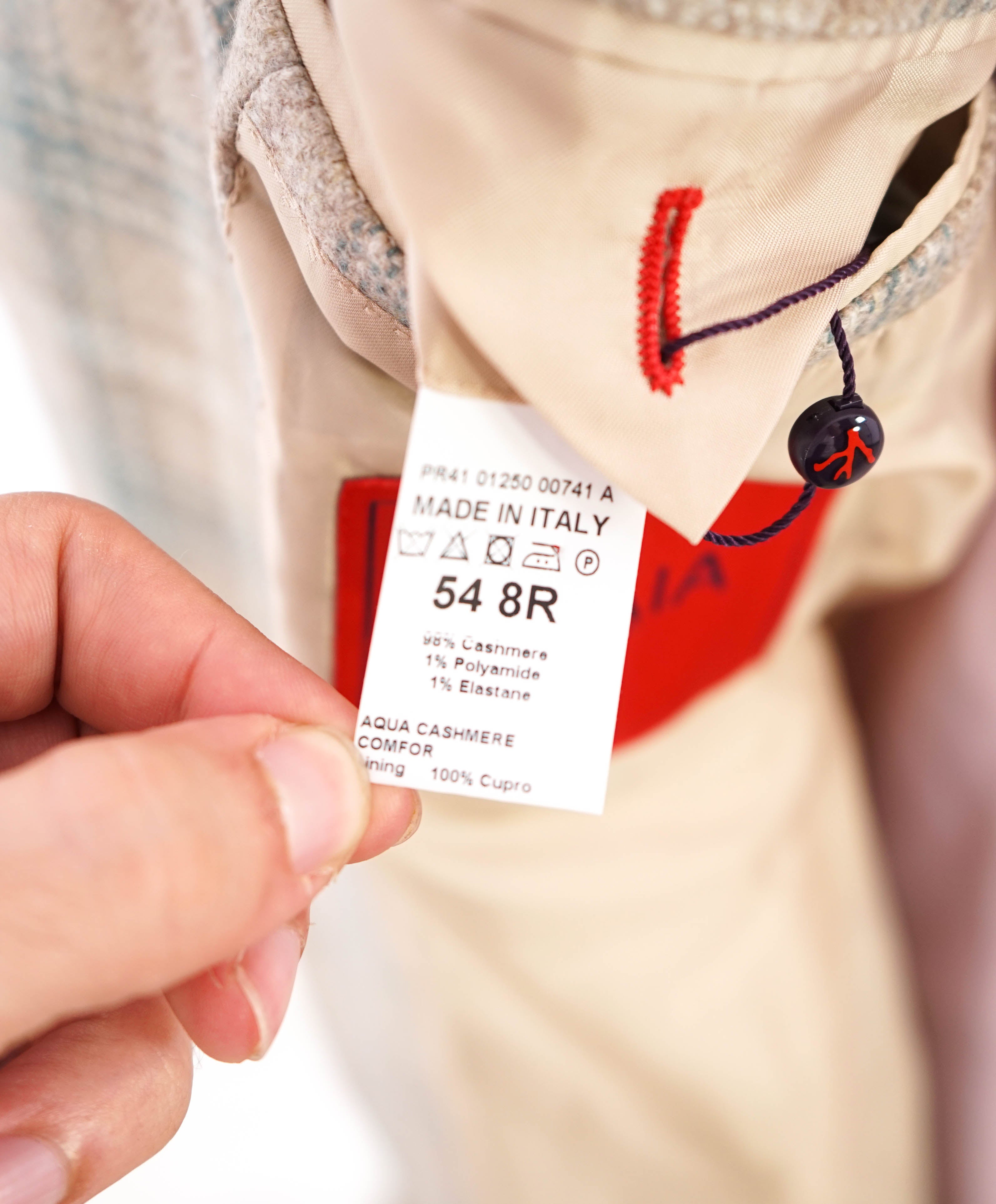 $4,995 ISAIA - 98% CASHMERE Neutral Beige Plaid Logo Blazer - 44R