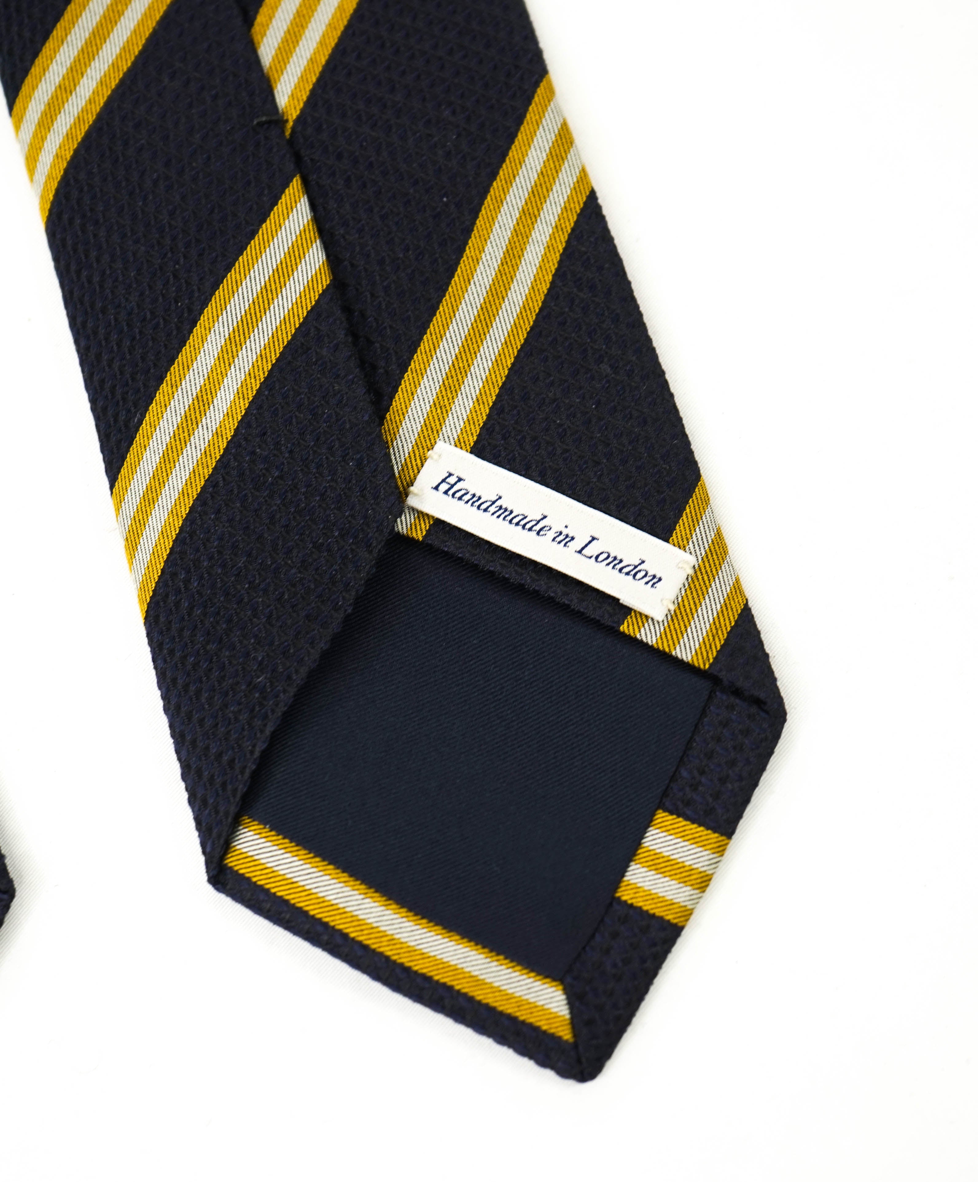 $240 DRAKE'S - Silk Navy/Yellow Oxford Weave Stripe Tie 3.25" - Tie