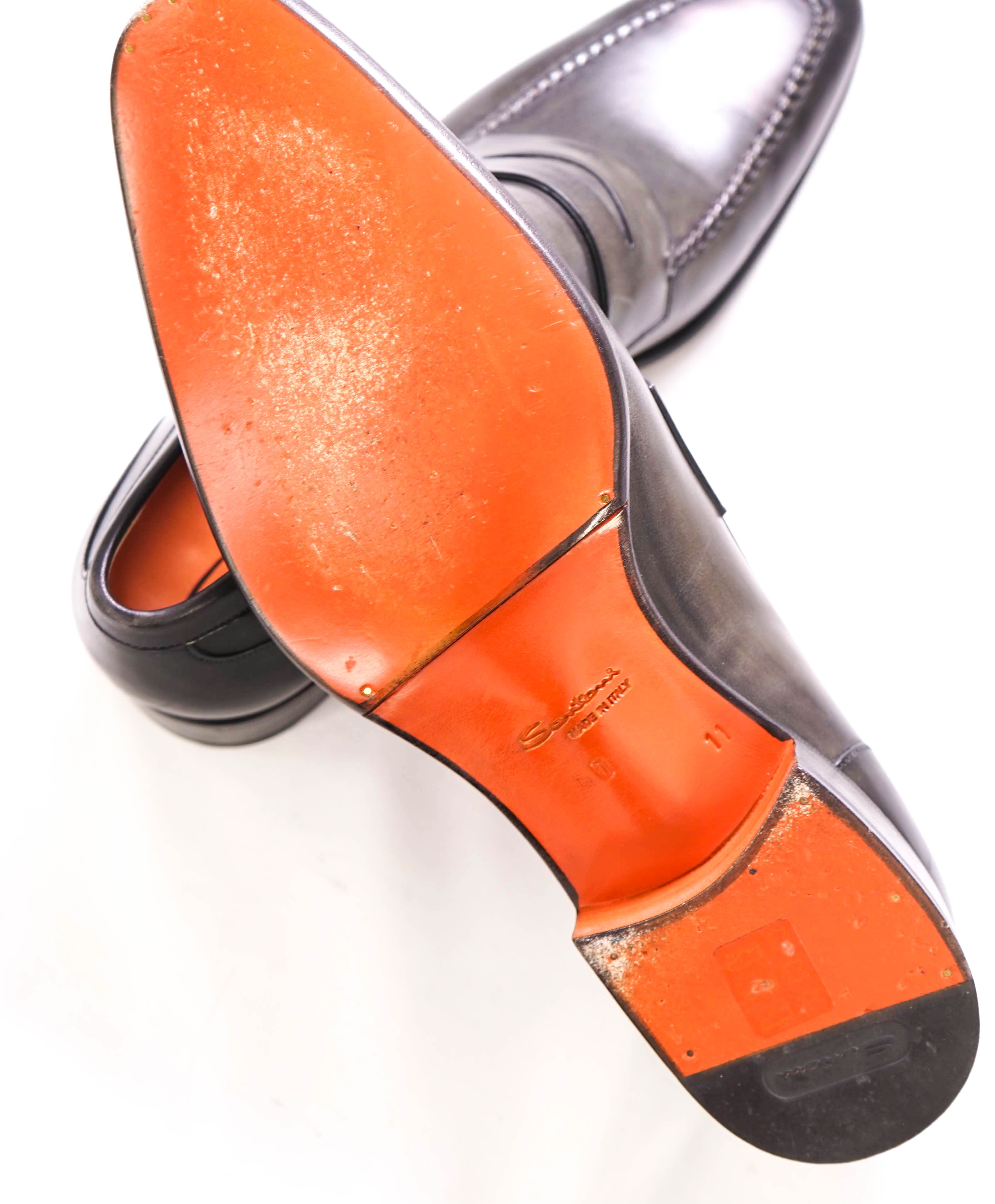 $1,330 SANTONI - "GOODYEAR WELT” Green/Gray Penny Loafers - 12US (11IT)