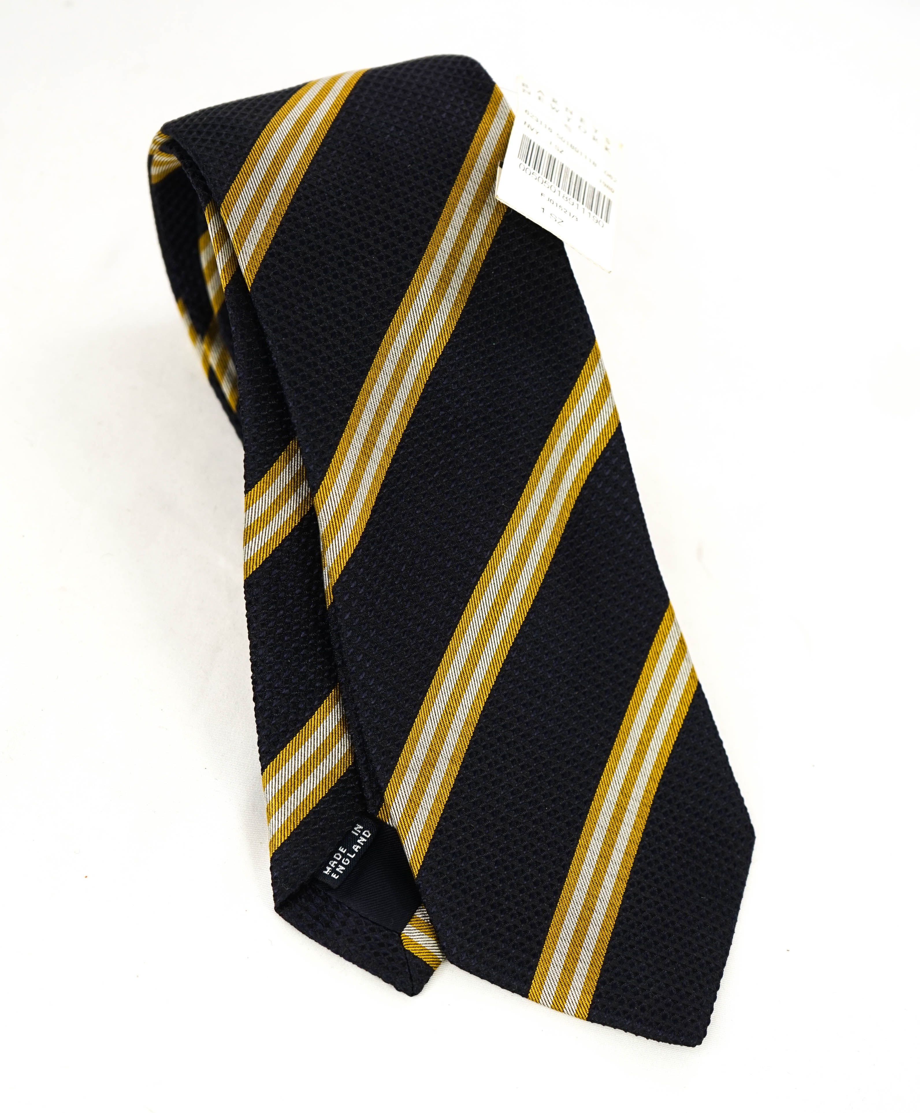 $240 DRAKE'S - Silk Navy/Yellow Oxford Weave Stripe Tie 3.25" - Tie