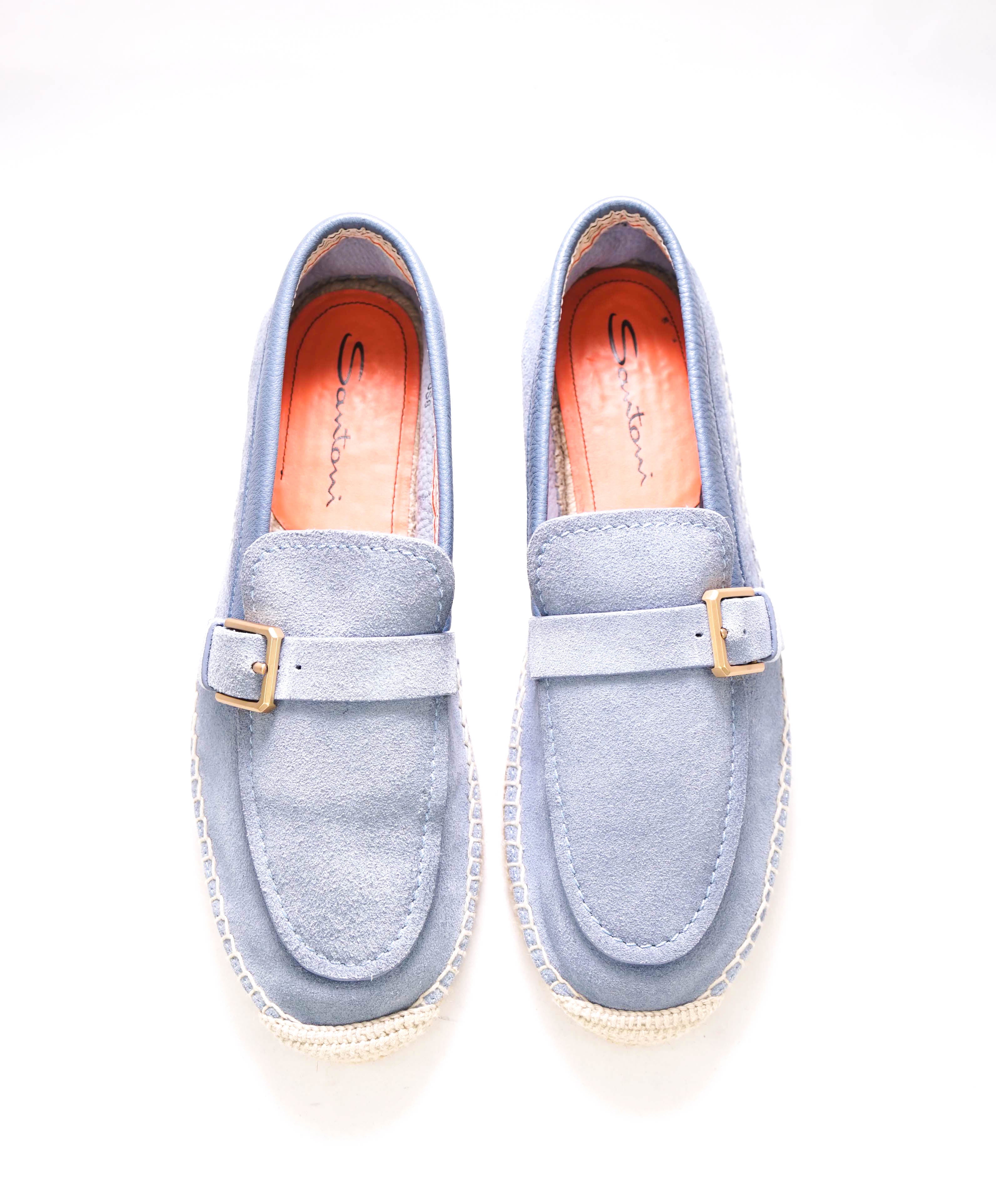 $730 SANTONI - Baby Blue Soft Suede Slip-On Espadrille Loafers - 8 D US