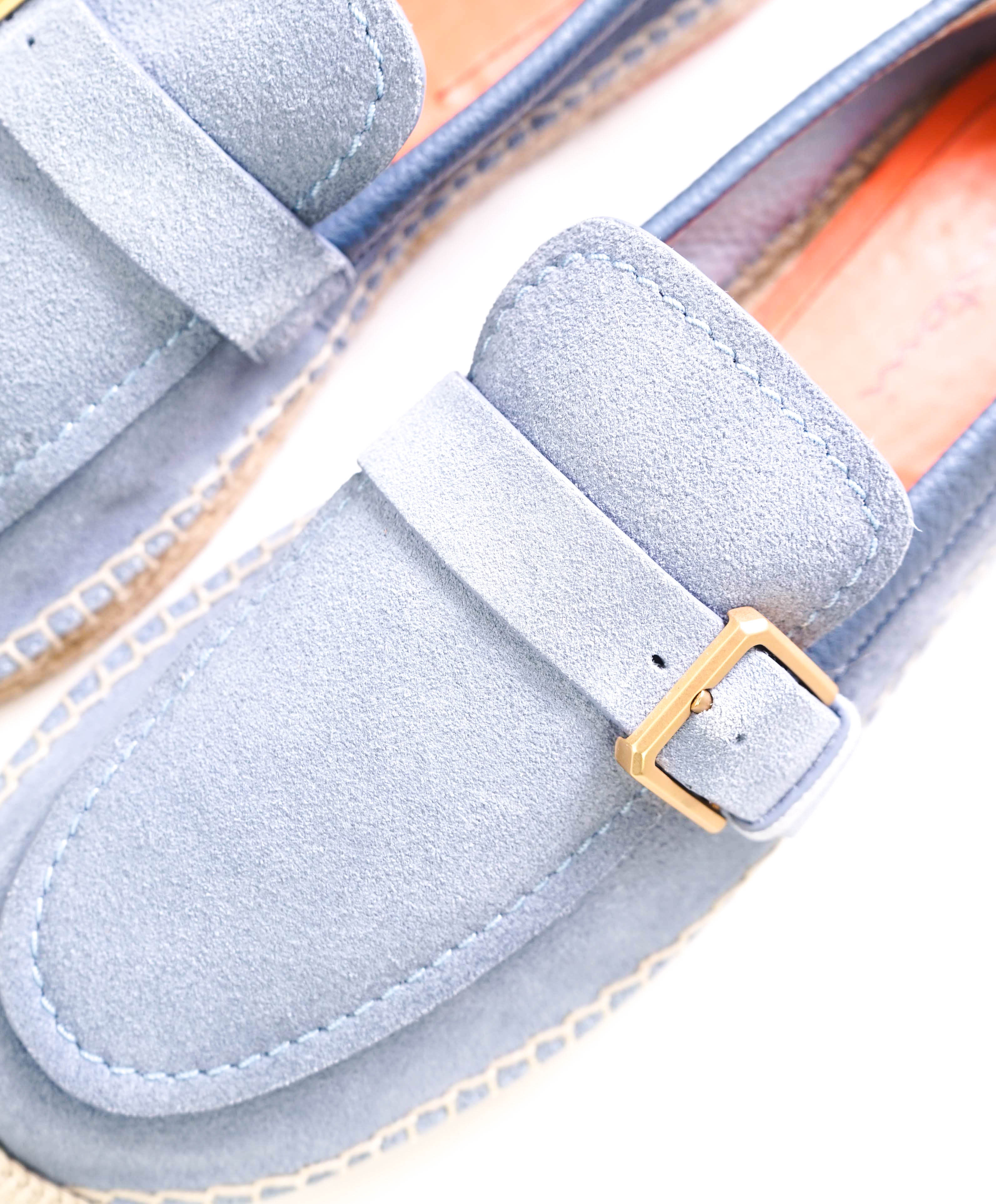 $730 SANTONI - Baby Blue Soft Suede Slip-On Espadrille Loafers - 8 D US