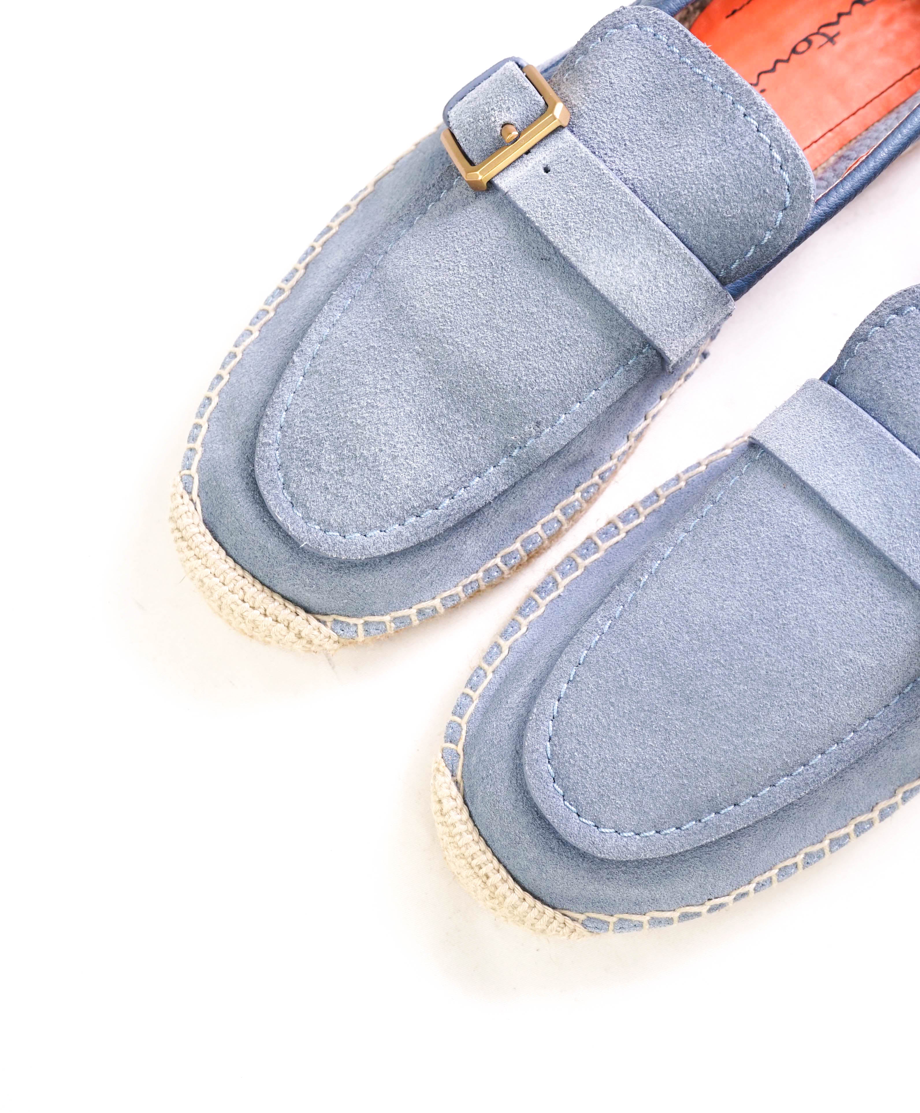 $730 SANTONI - Baby Blue Soft Suede Slip-On Espadrille Loafers - 8 D US