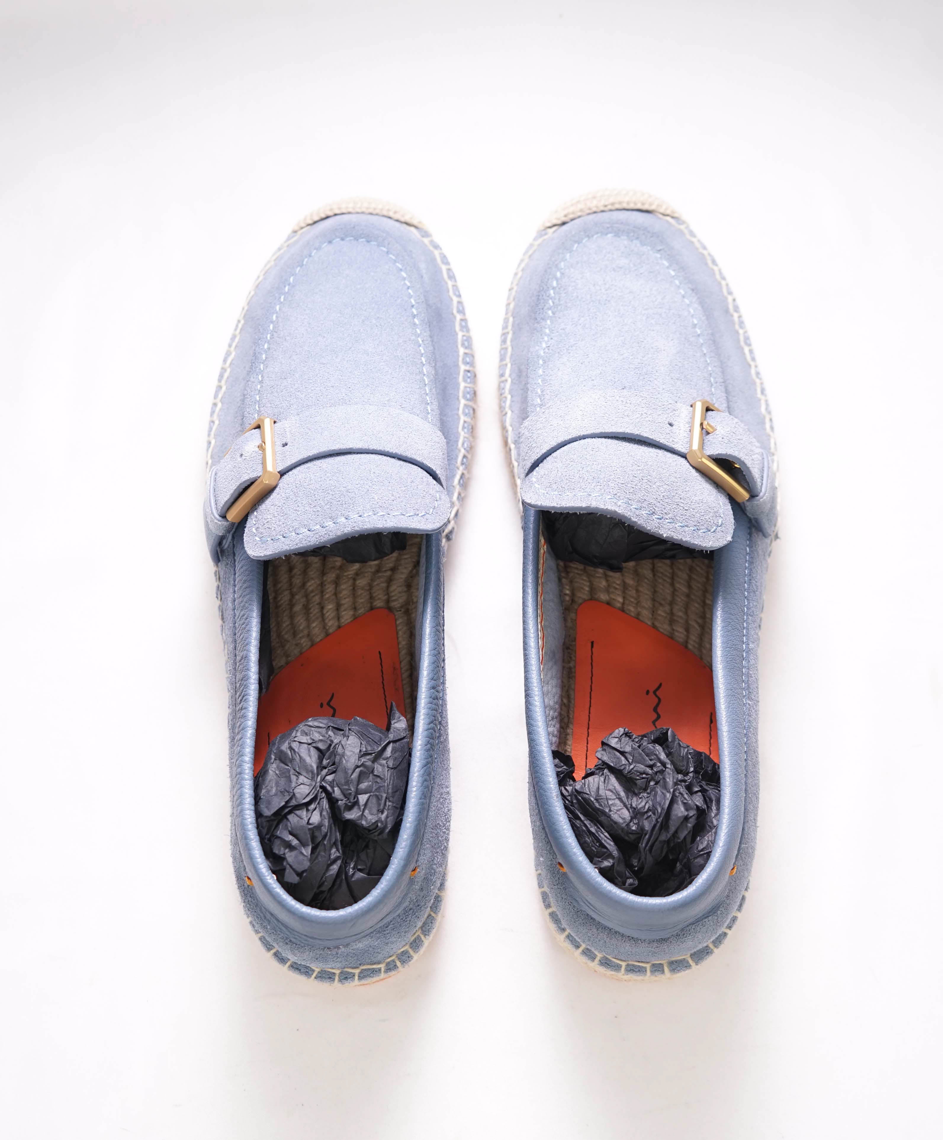 $730 SANTONI - Baby Blue Soft Suede Slip-On Espadrille Loafers - 8 D US