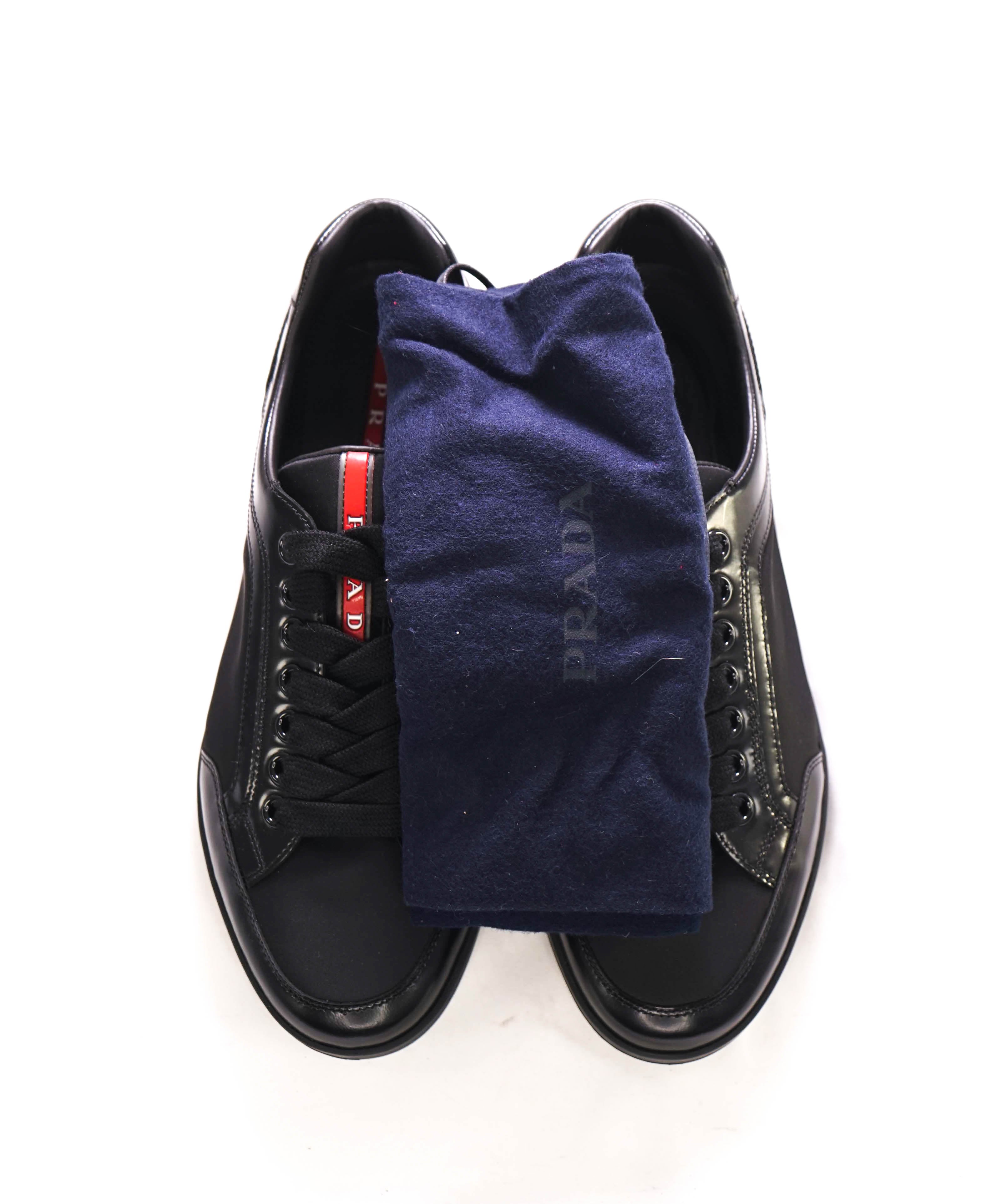 $950 PRADA - *Line Rossa* Black Leather Sneakers With Logo Detail - 9.5 US (8.5 IT)