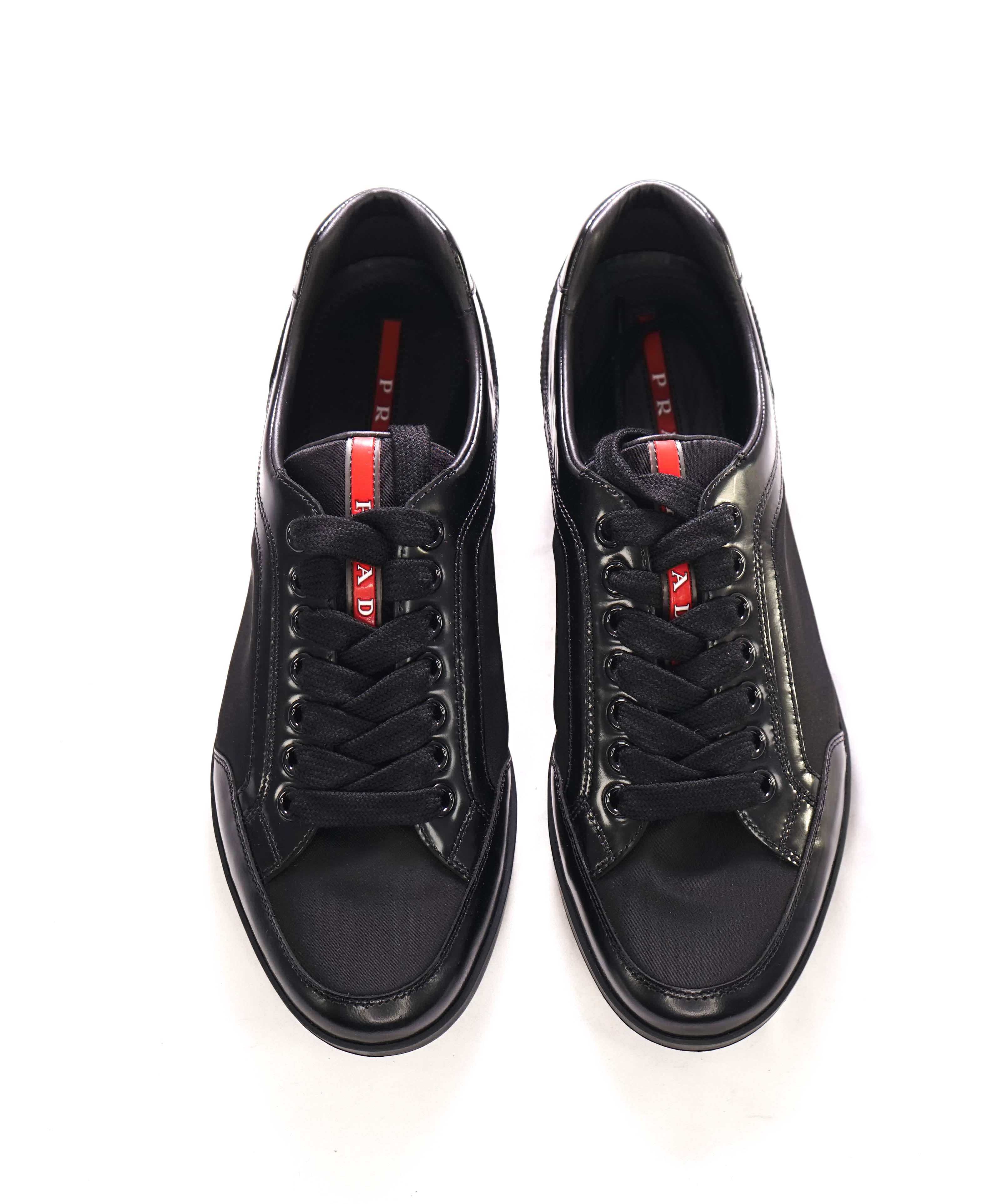 $950 PRADA - *Line Rossa* Black Leather Sneakers With Logo Detail - 9.5 US (8.5 IT)
