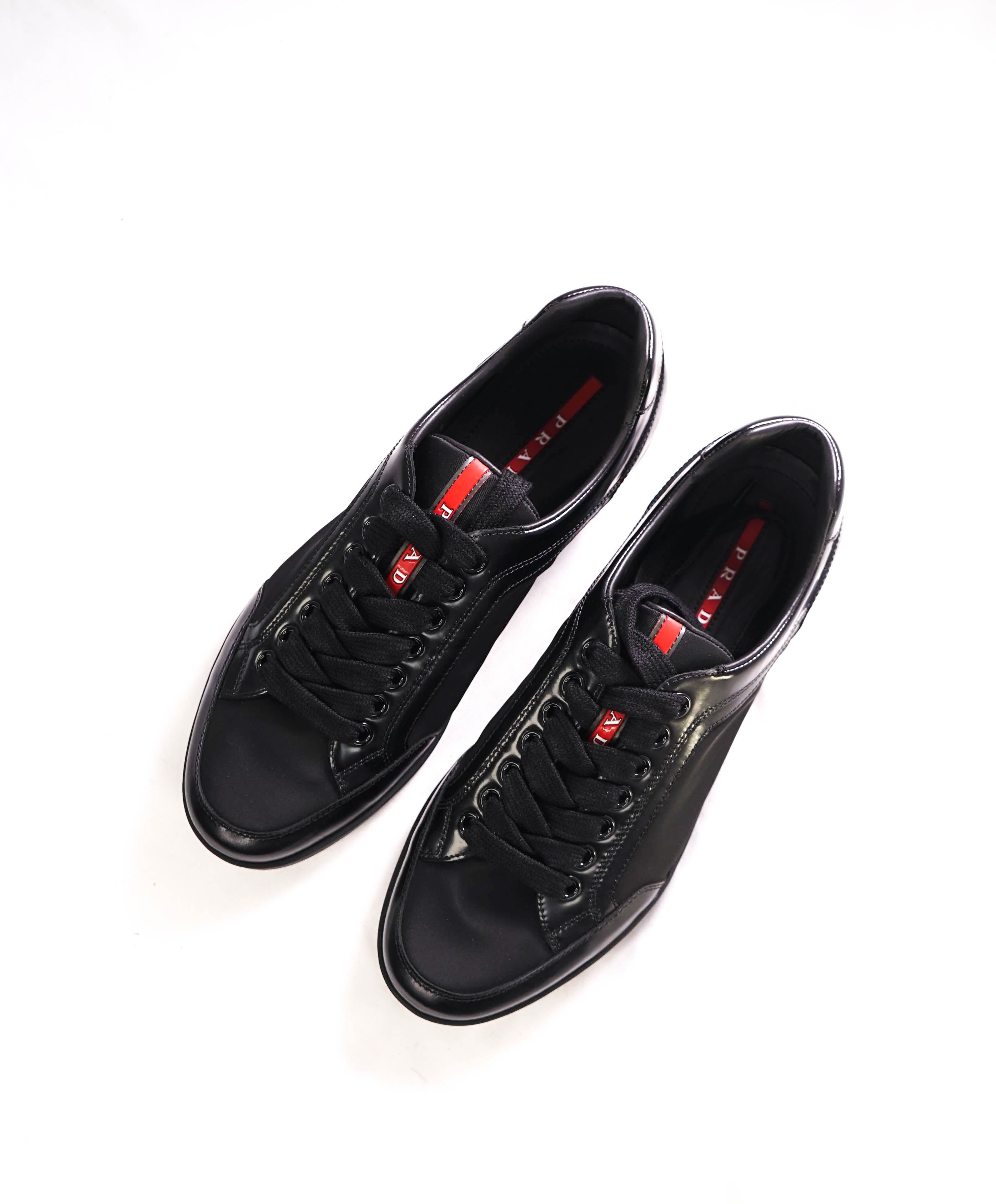 $950 PRADA - *Line Rossa* Black Leather Sneakers With Logo Detail - 9.5 US (8.5 IT)