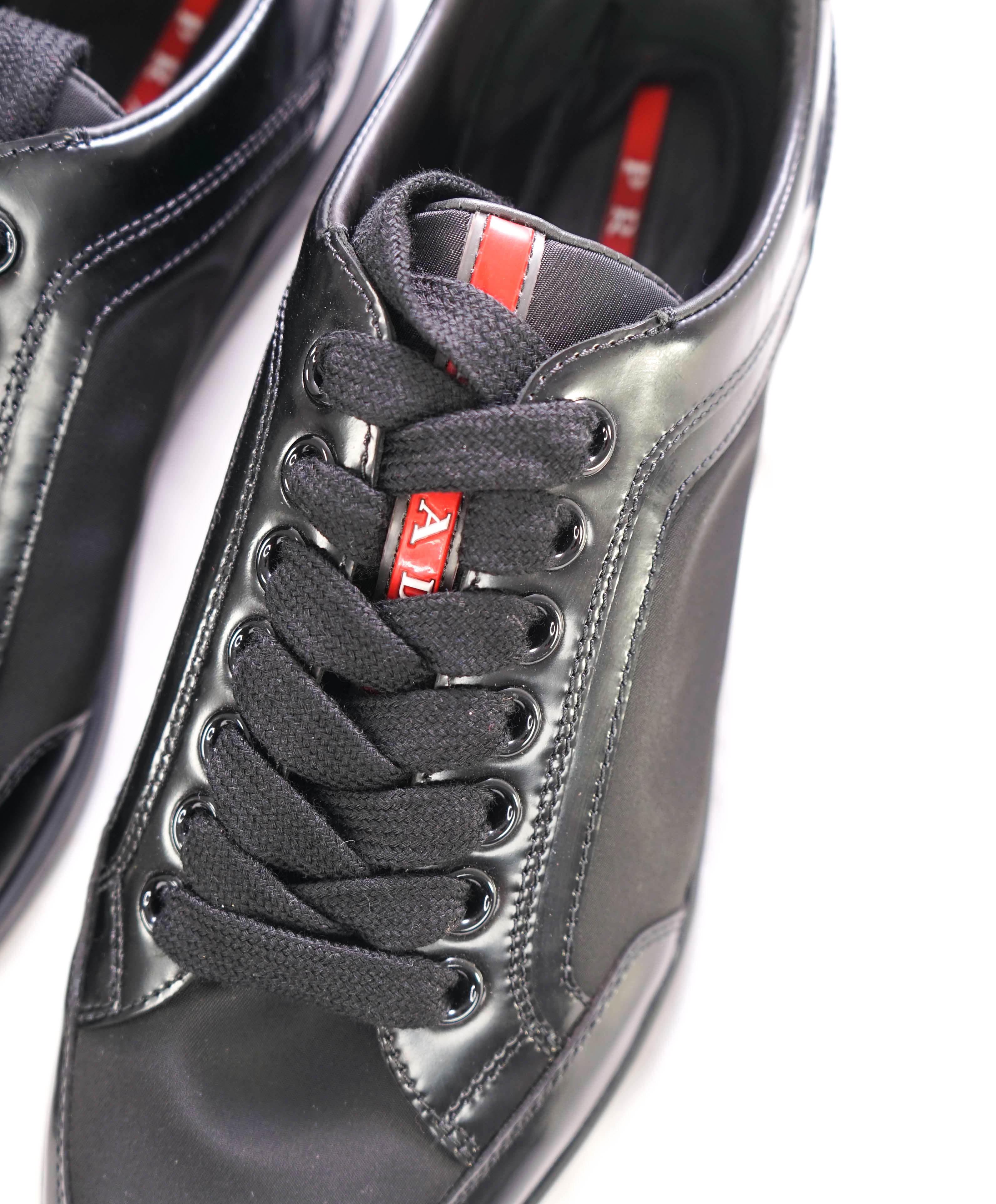 $950 PRADA - *Line Rossa* Black Leather Sneakers With Logo Detail - 9.5 US (8.5 IT)