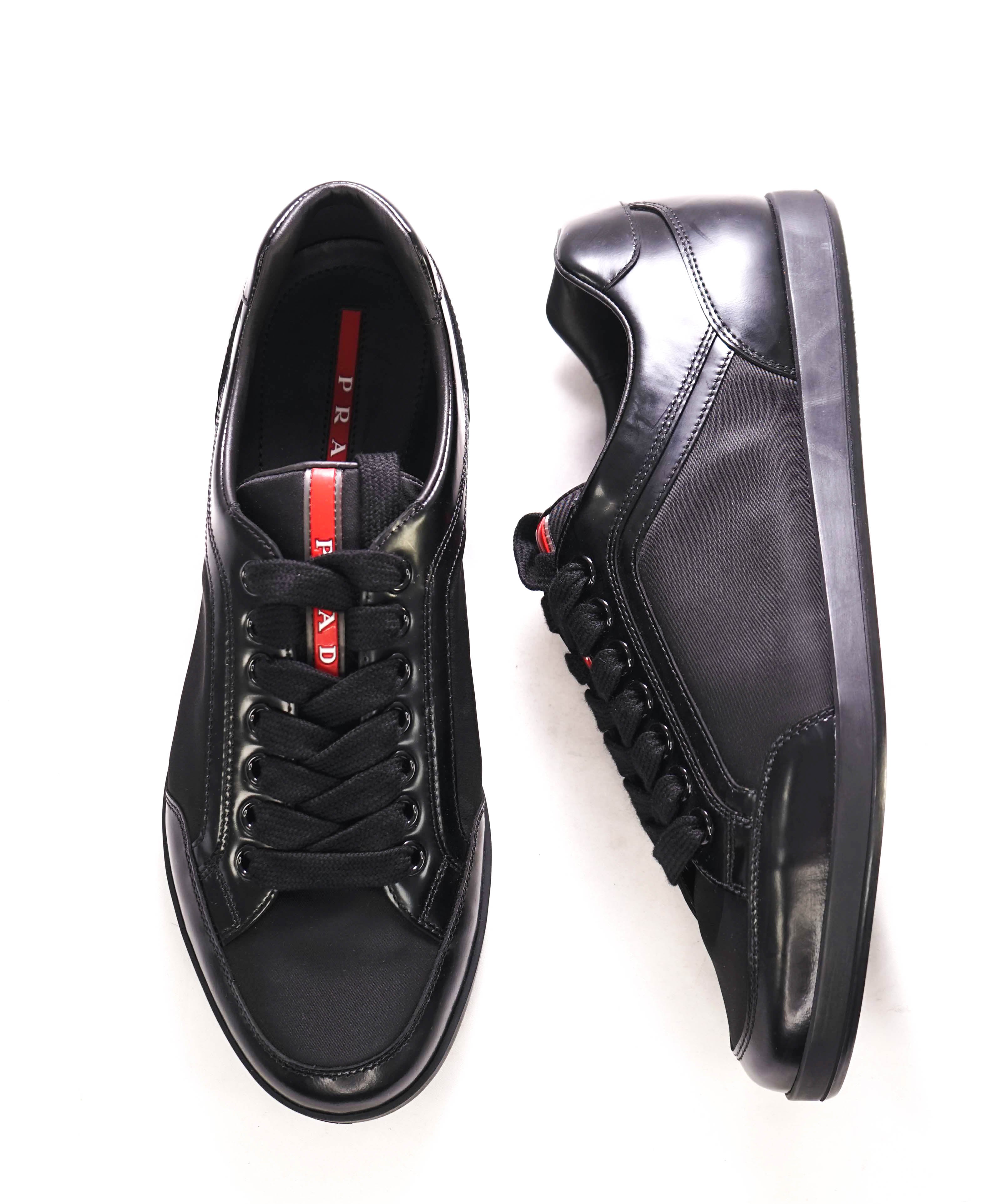 $950 PRADA - *Line Rossa* Black Leather Sneakers With Logo Detail - 9.5 US (8.5 IT)