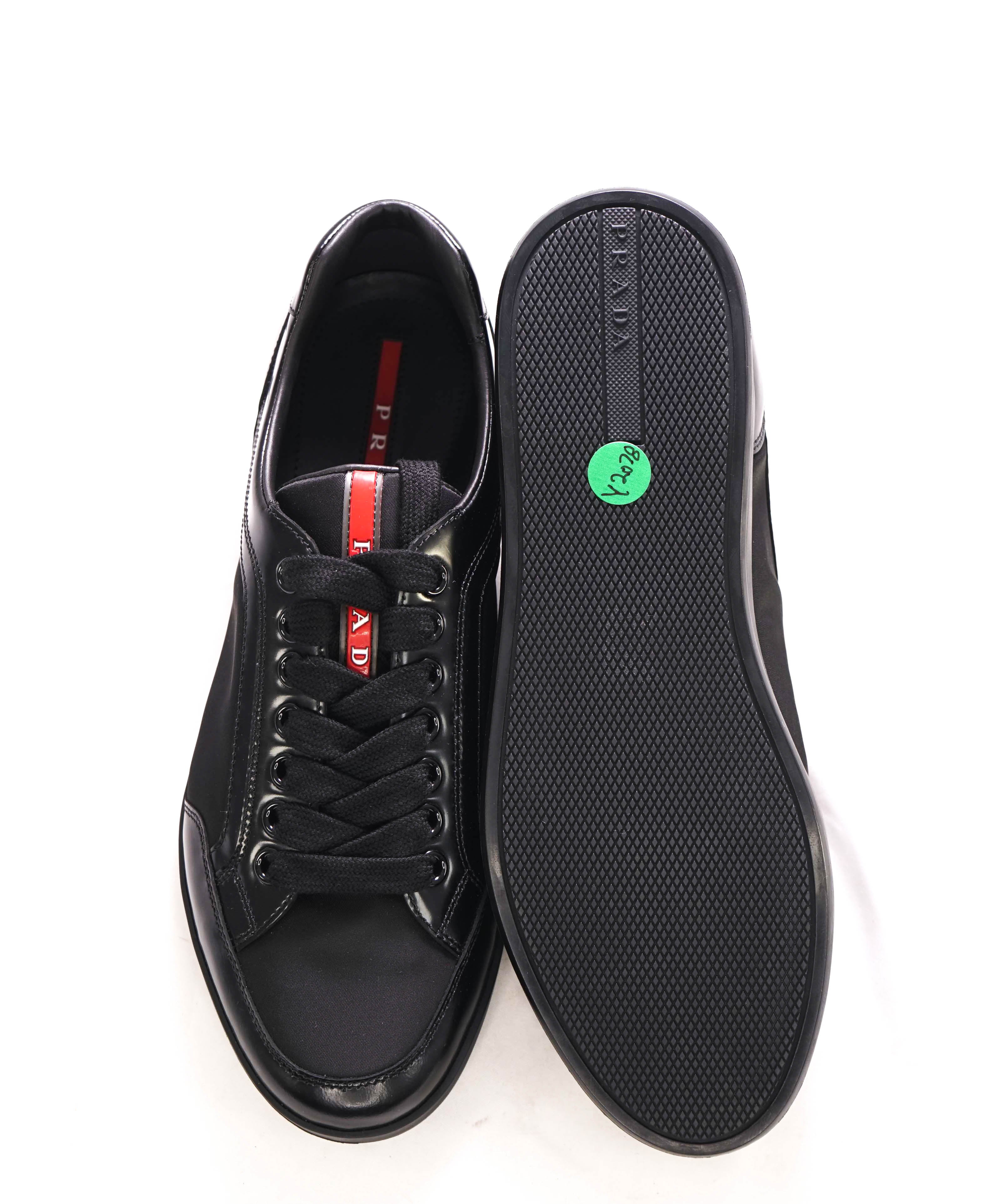 $950 PRADA - *Line Rossa* Black Leather Sneakers With Logo Detail - 9.5 US (8.5 IT)