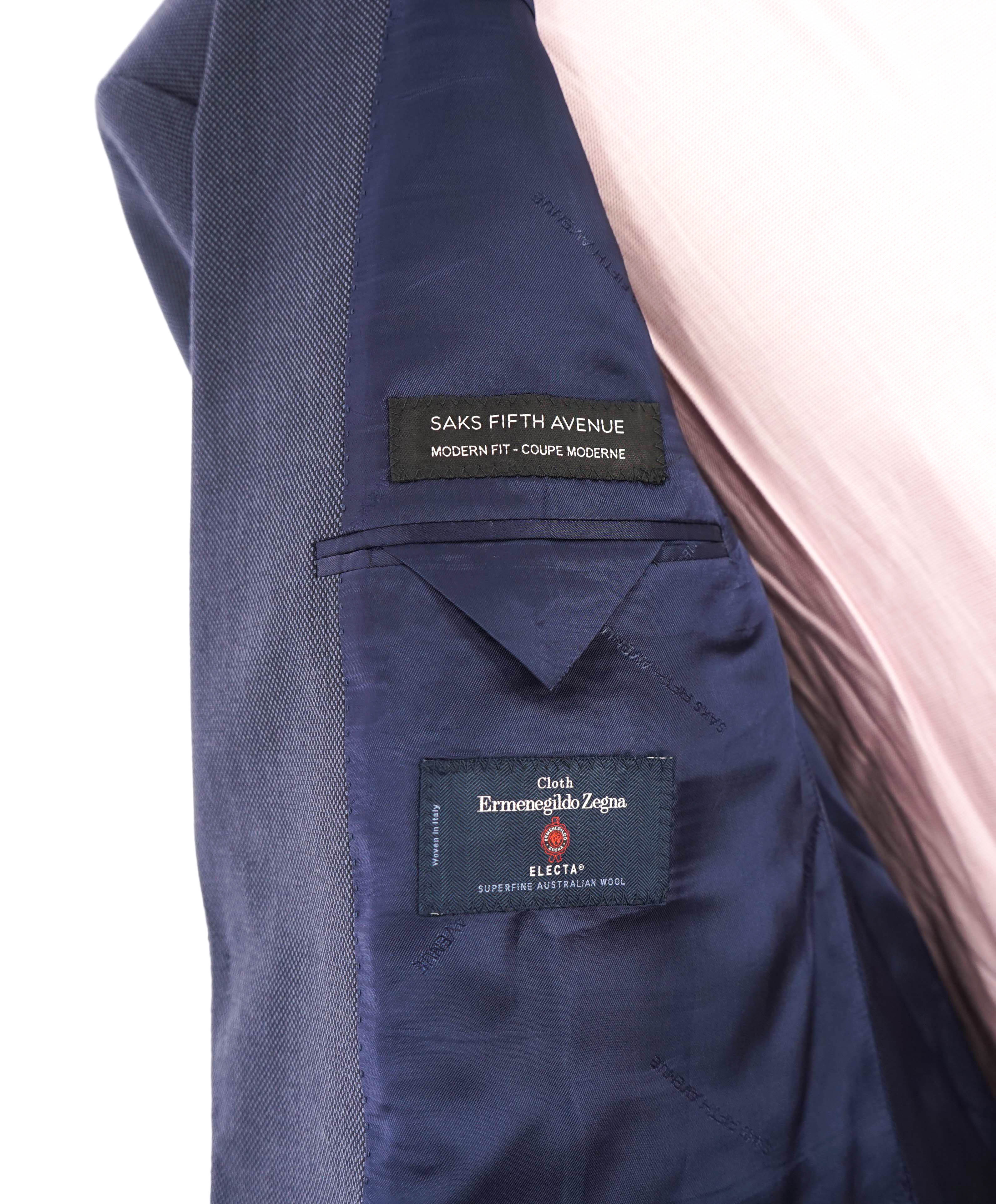 $1,295 ERMENEGILDO ZEGNA - By SAKS FIFTH AVENUE "Modern" Blue Birdseye Suit - 46R