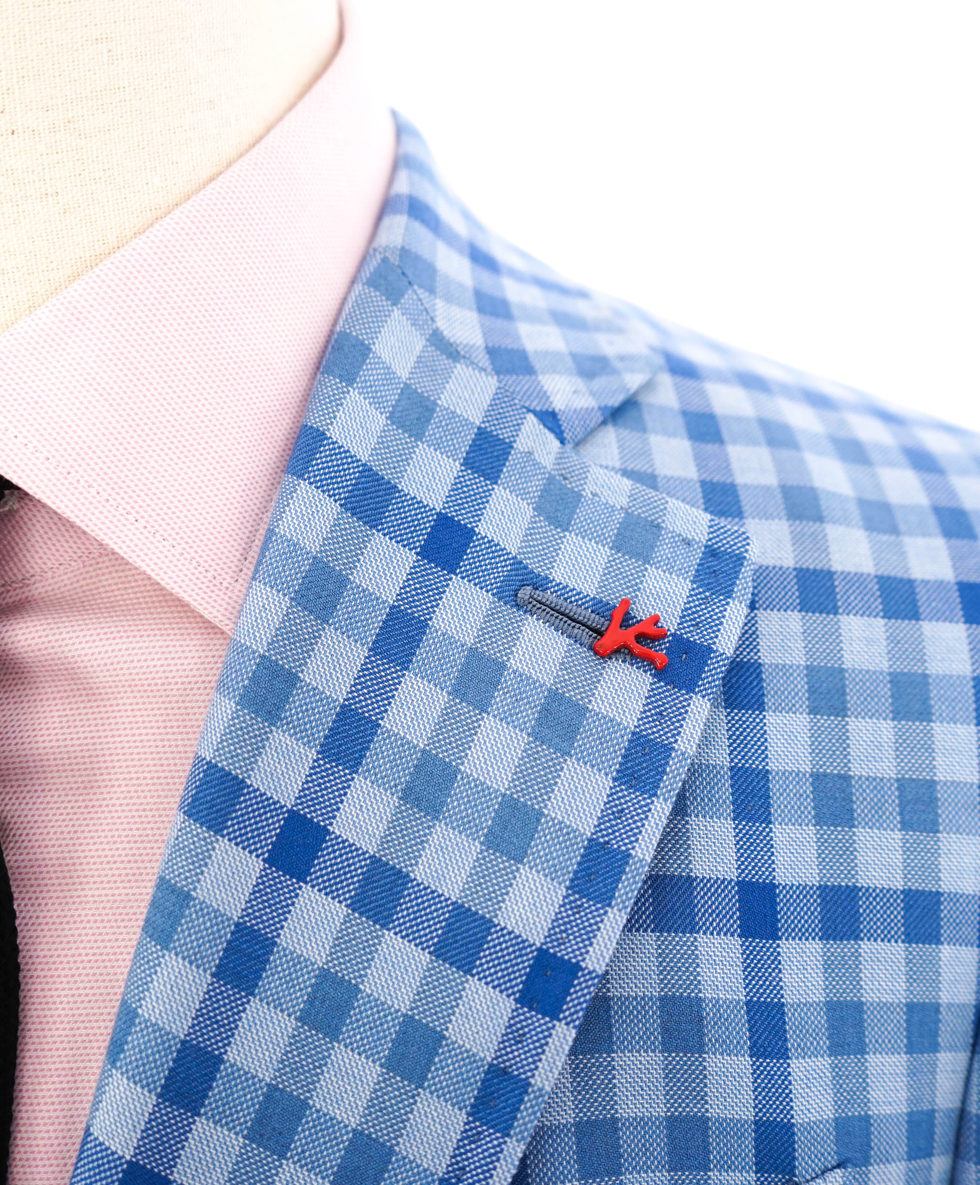 $2,995 ISAIA - Wool/Cotton Baby Blue Gingham Check MOP Blazer - 38R US (50EU)