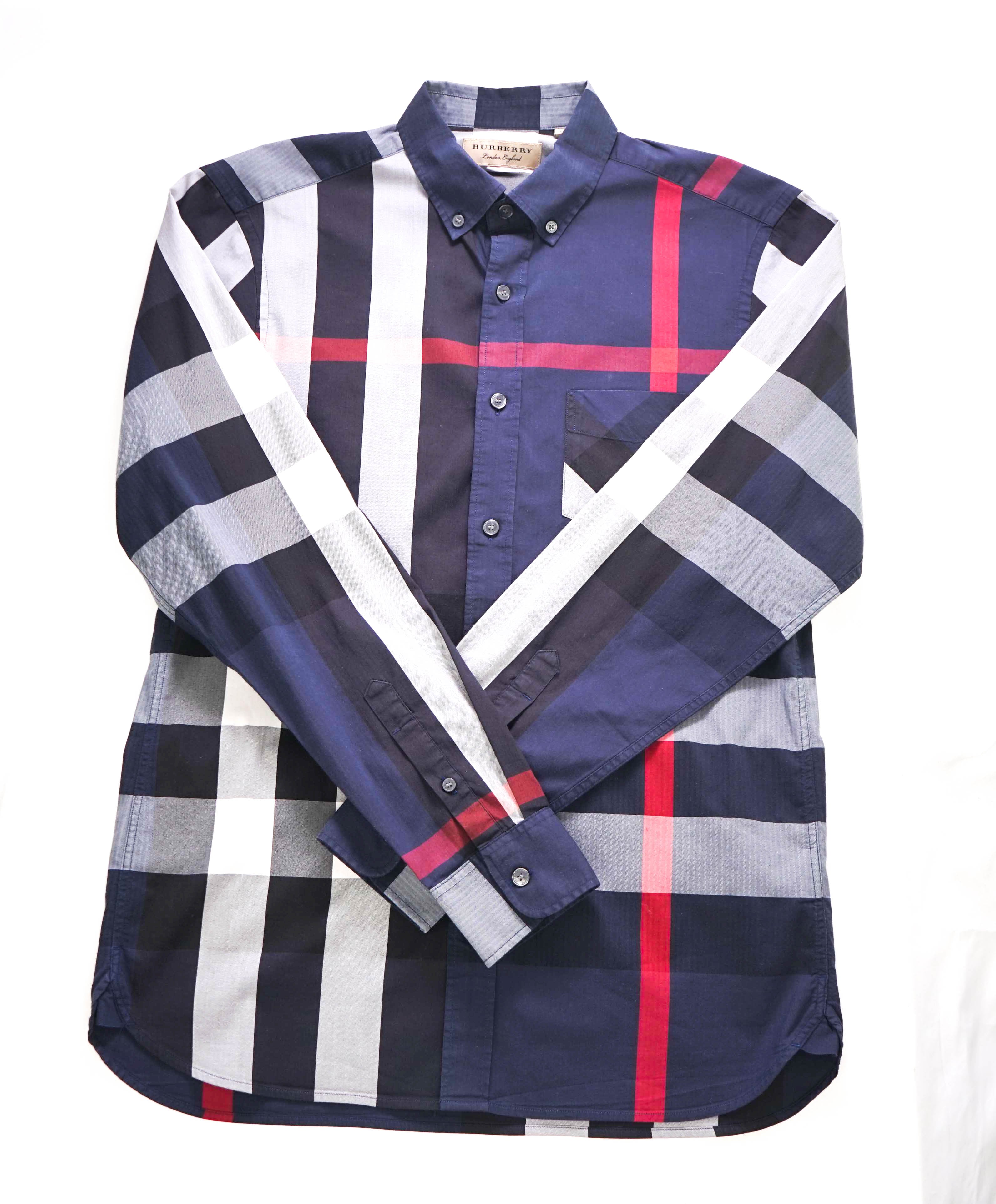 $650 BURBERRY - "Simpson" Nova Check Blue/White/Red Stretch Cotton Check Shirt - S