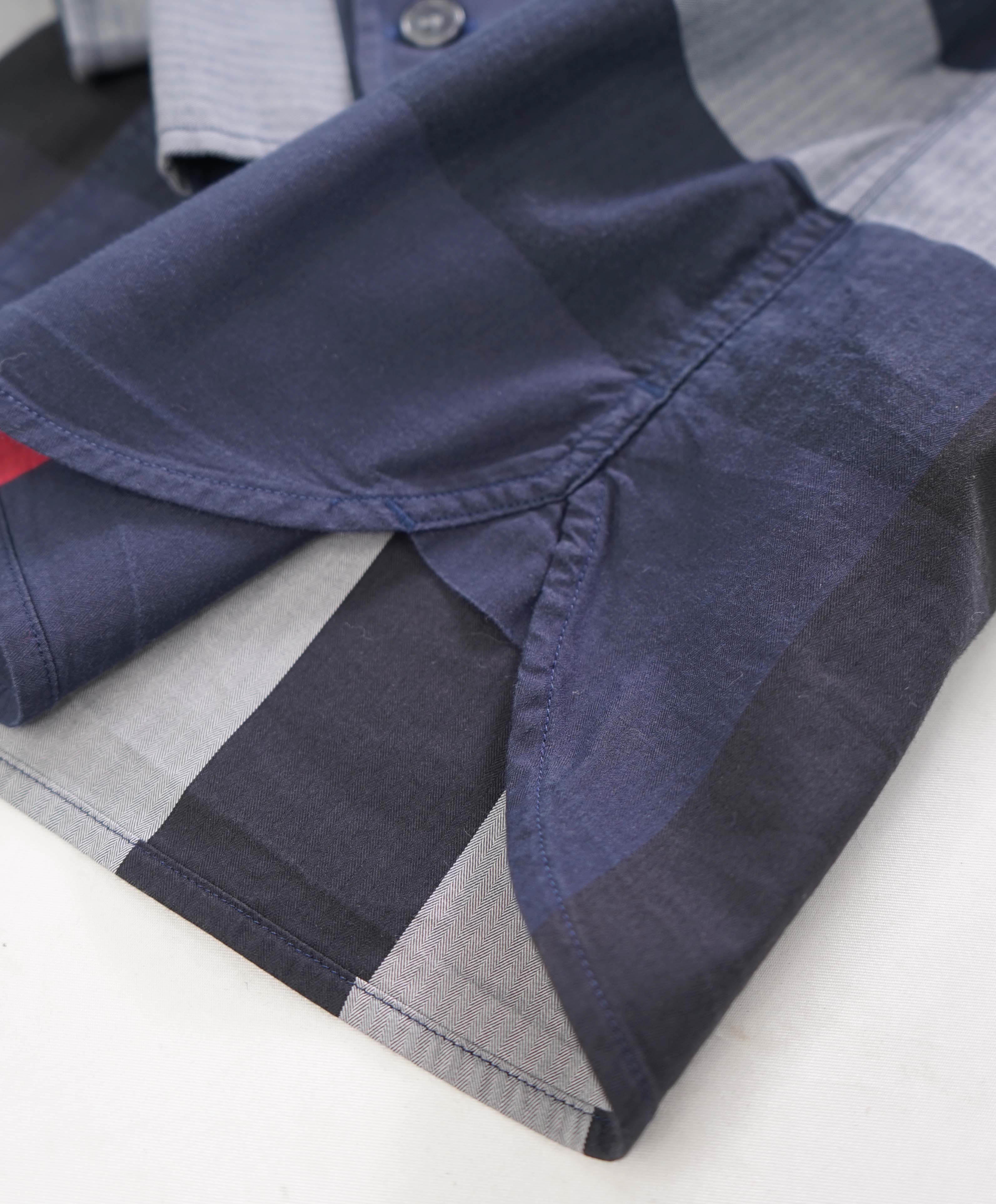 $650 BURBERRY - "Simpson" Nova Check Blue/White/Red Stretch Cotton Check Shirt - S