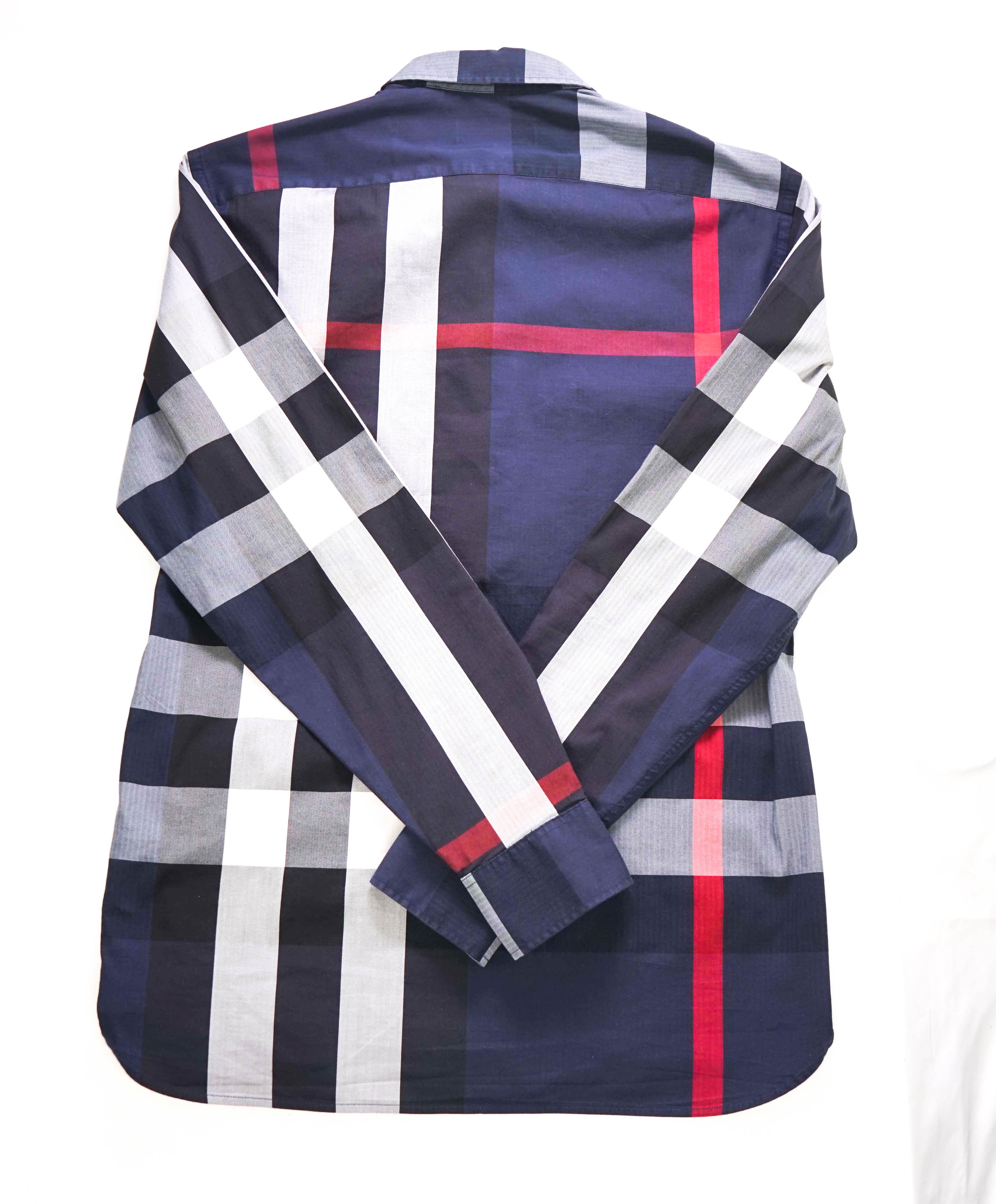 $650 BURBERRY - "Simpson" Nova Check Blue/White/Red Stretch Cotton Check Shirt - S