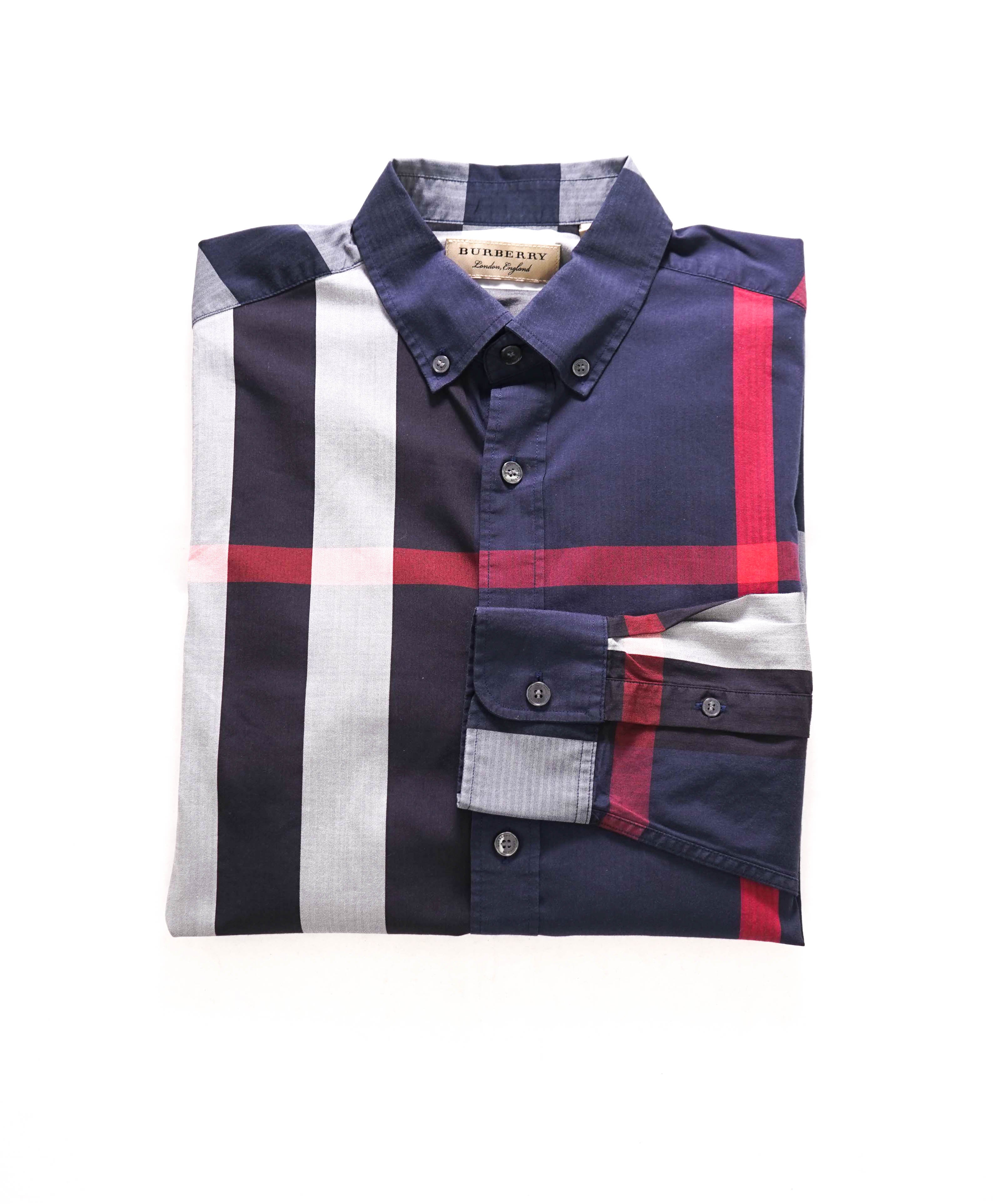 $650 BURBERRY - "Simpson" Nova Check Blue/White/Red Stretch Cotton Check Shirt - S
