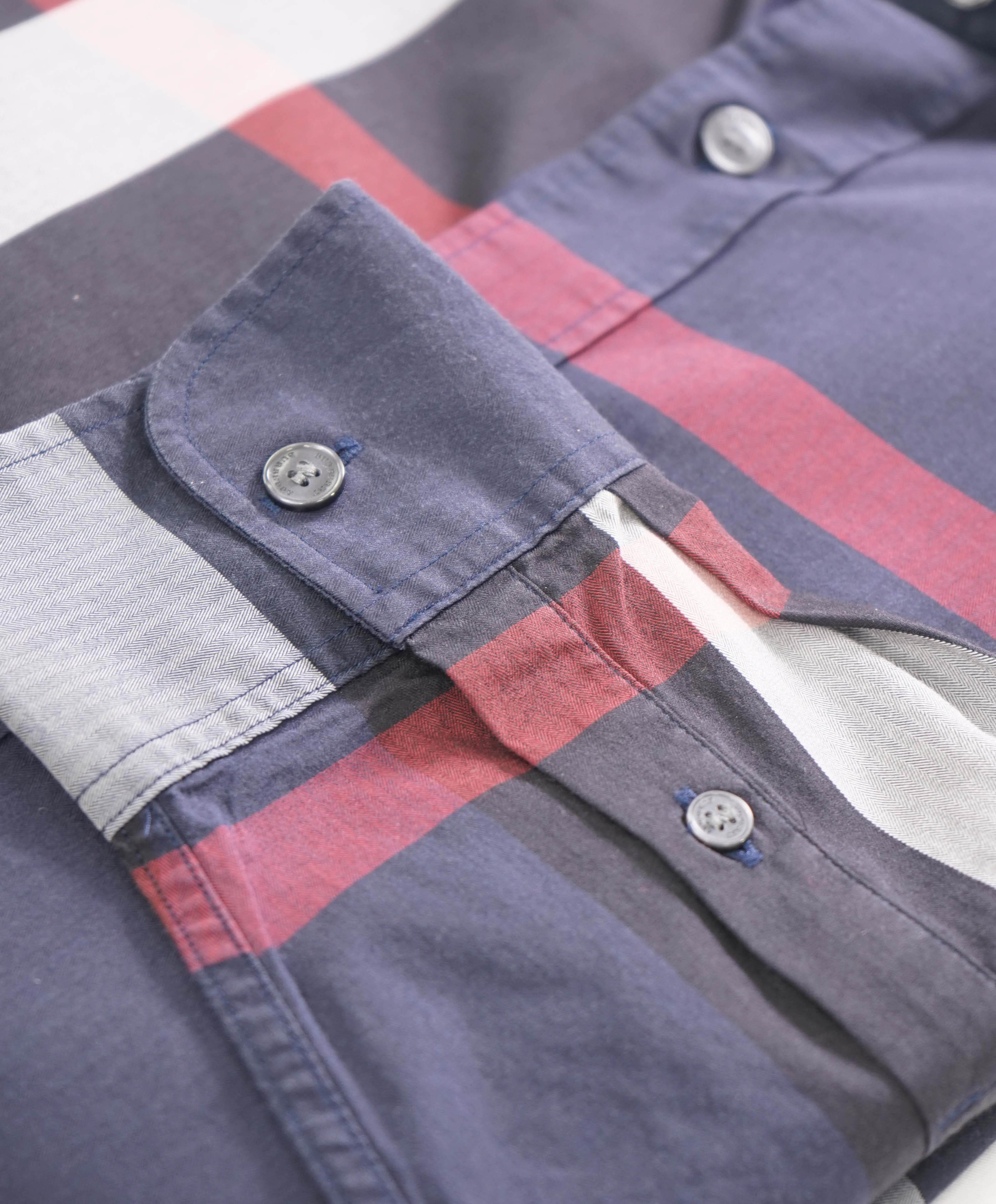 $650 BURBERRY - "Simpson" Nova Check Blue/White/Red Stretch Cotton Check Shirt - S