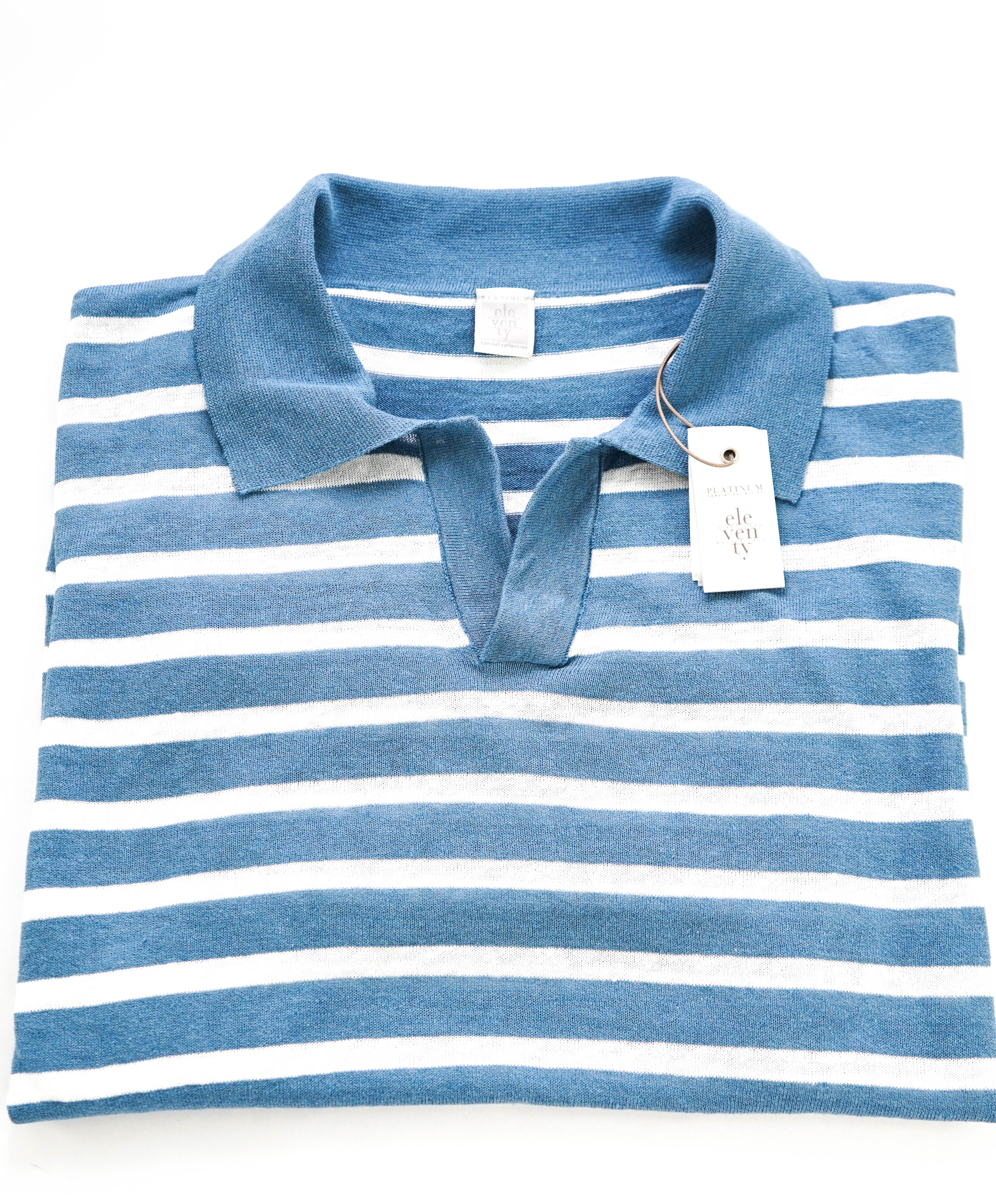 $575 ELEVENTY - Linen/Cotton Blue Sweater Polo Short Sleeve T - XL