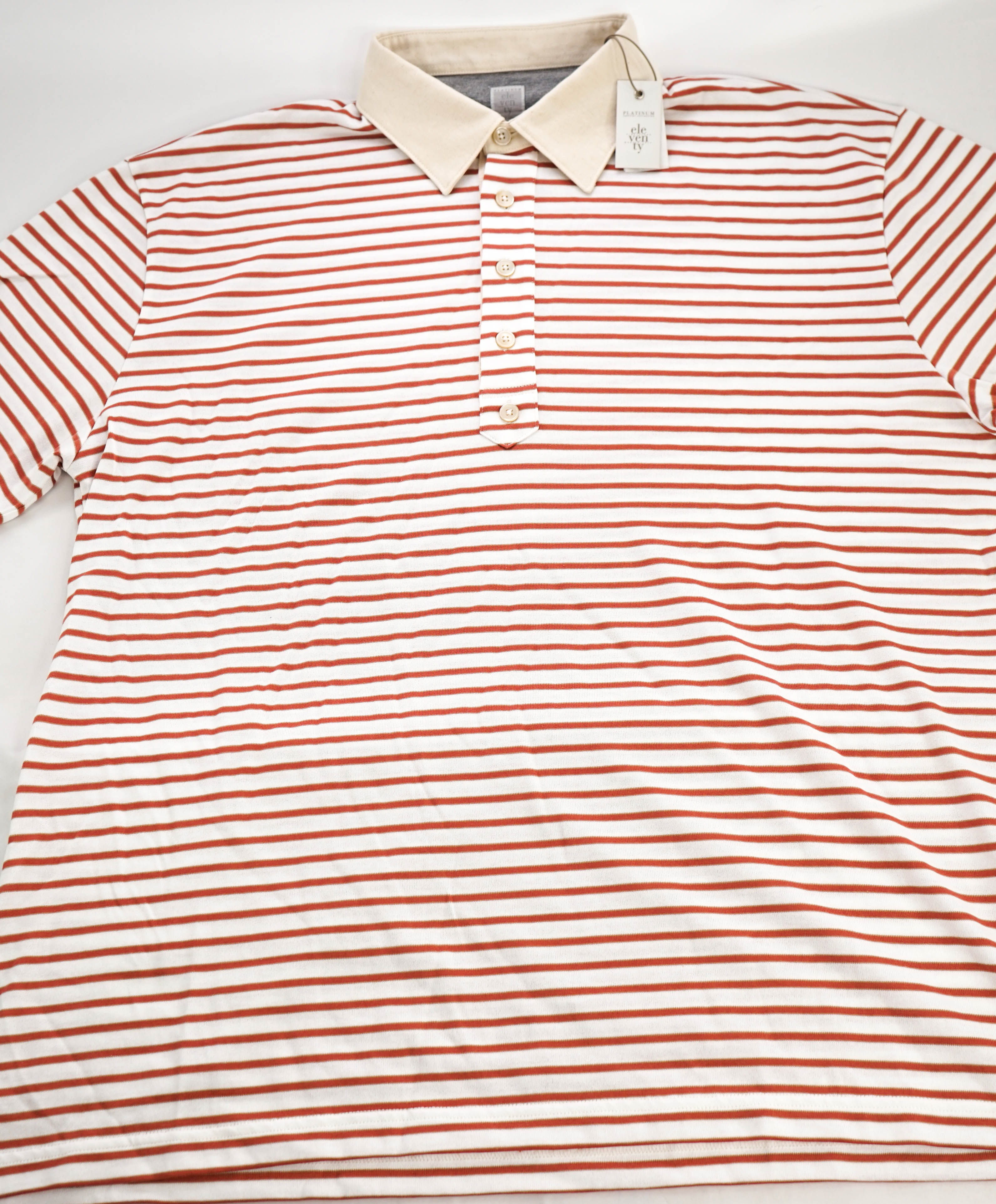 $575 ELEVENTY - Taupe Collar Red Stripe Polo Shirt - 3XL