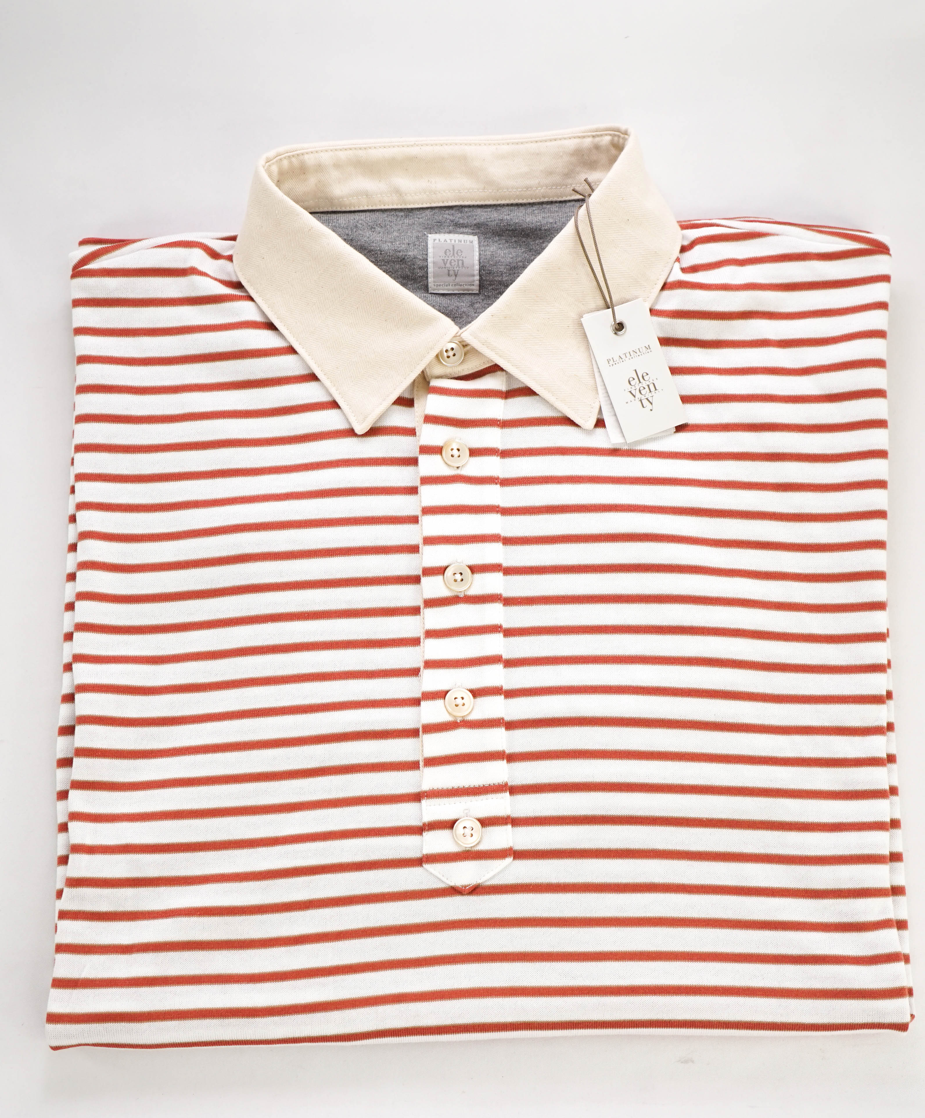 $575 ELEVENTY - Taupe Collar Red Stripe Polo Shirt - 3XL