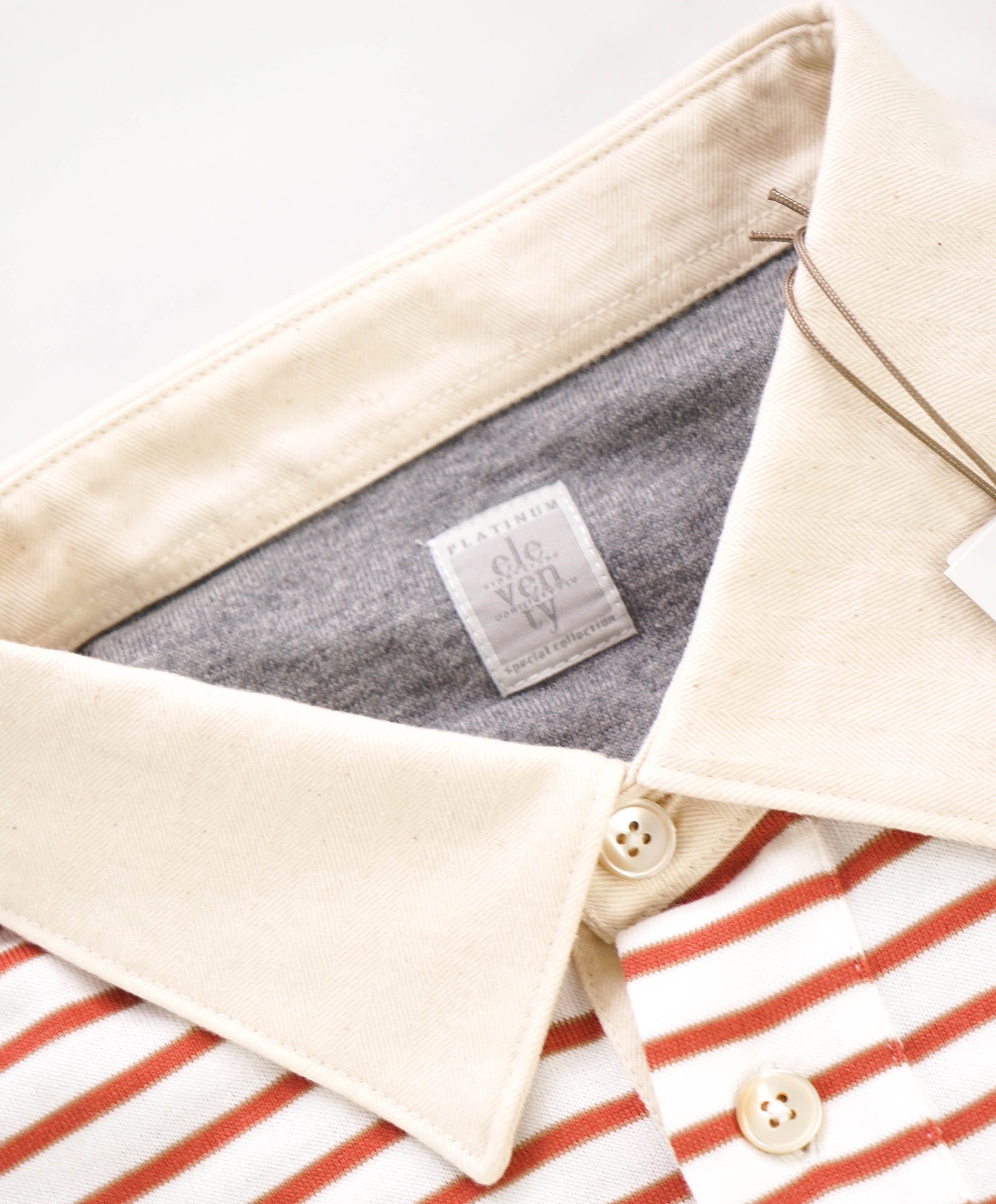 $575 ELEVENTY - Taupe Collar Red Stripe Polo Shirt - 3XL