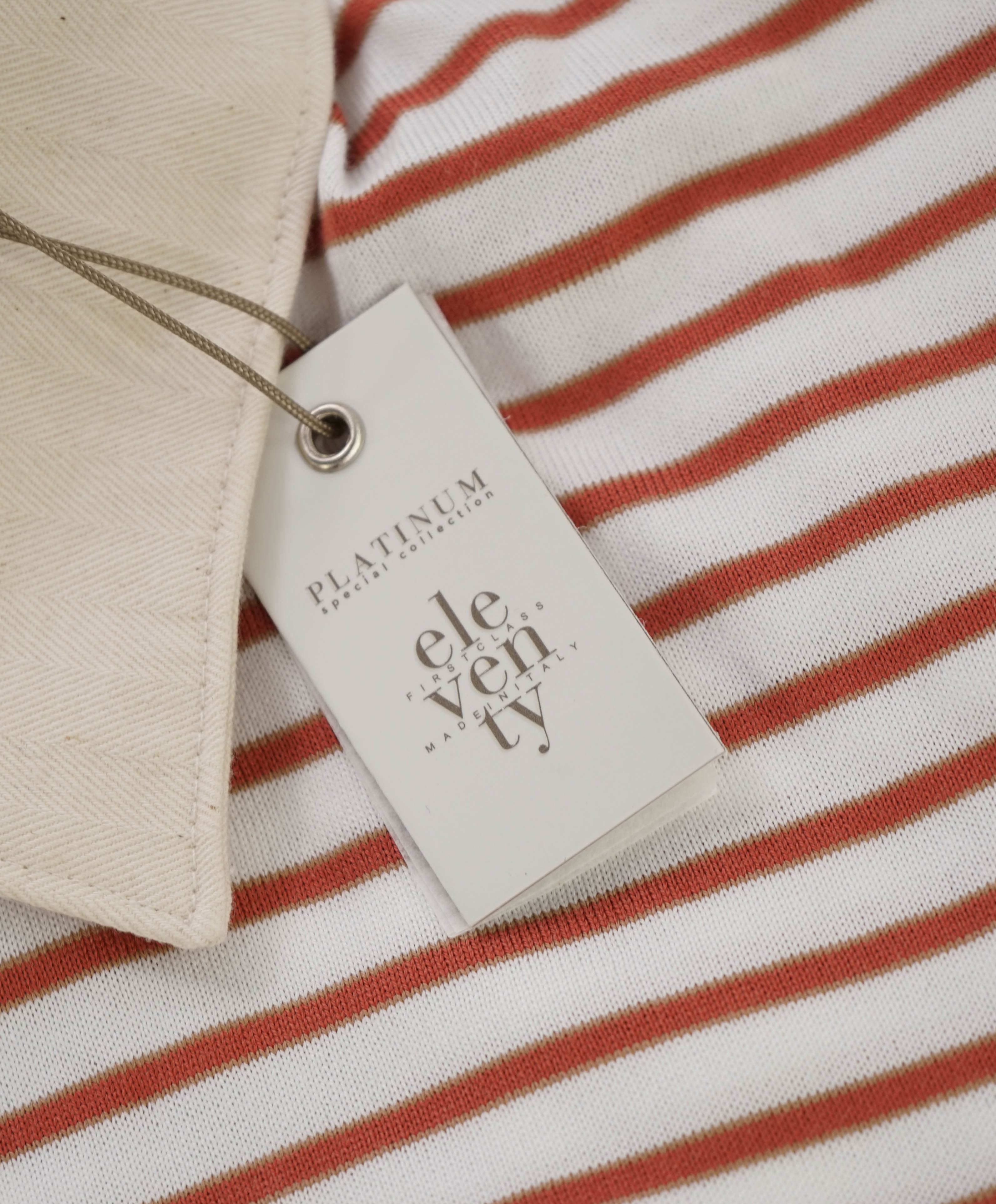 $575 ELEVENTY - Taupe Collar Red Stripe Polo Shirt - 3XL