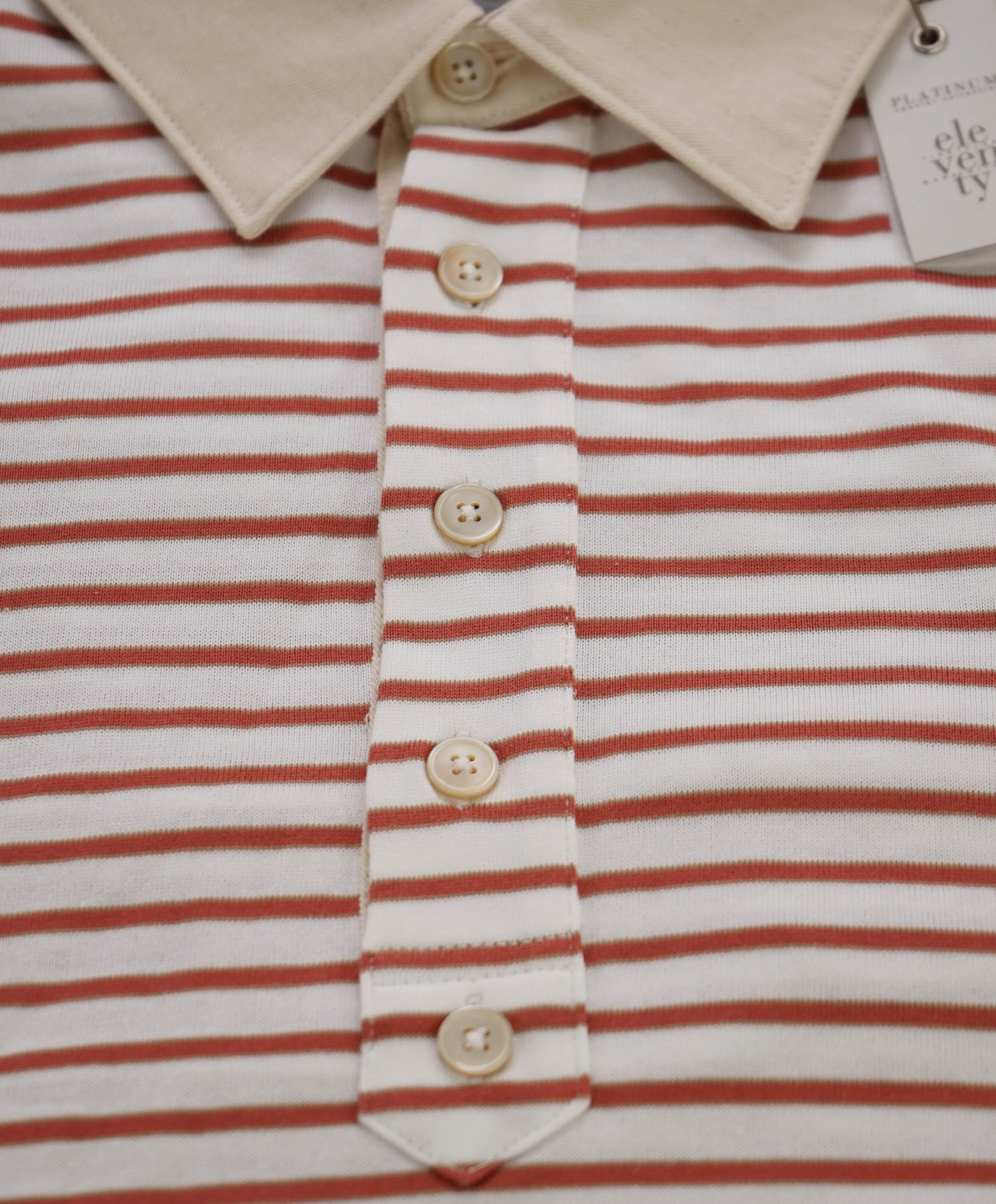 $575 ELEVENTY - Taupe Collar Red Stripe Polo Shirt - 3XL
