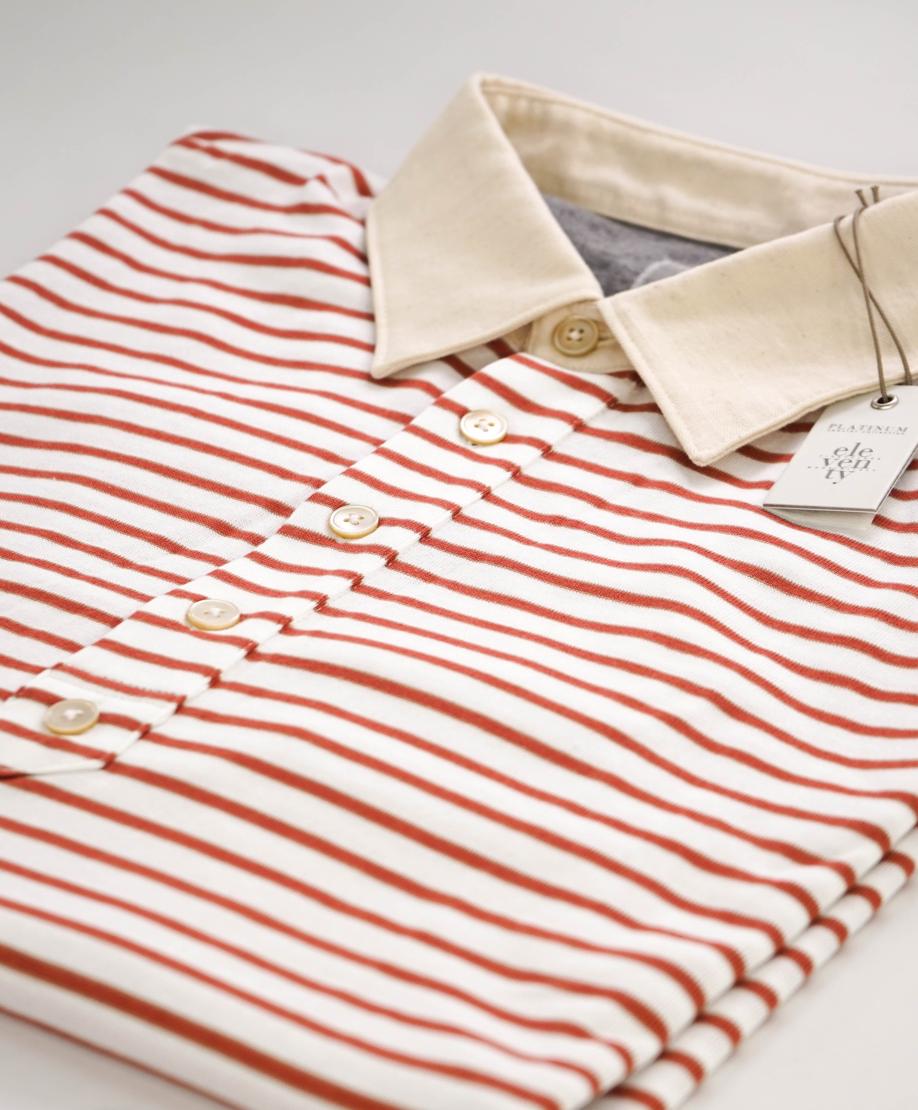 $575 ELEVENTY - Taupe Collar Red Stripe Polo Shirt - 3XL