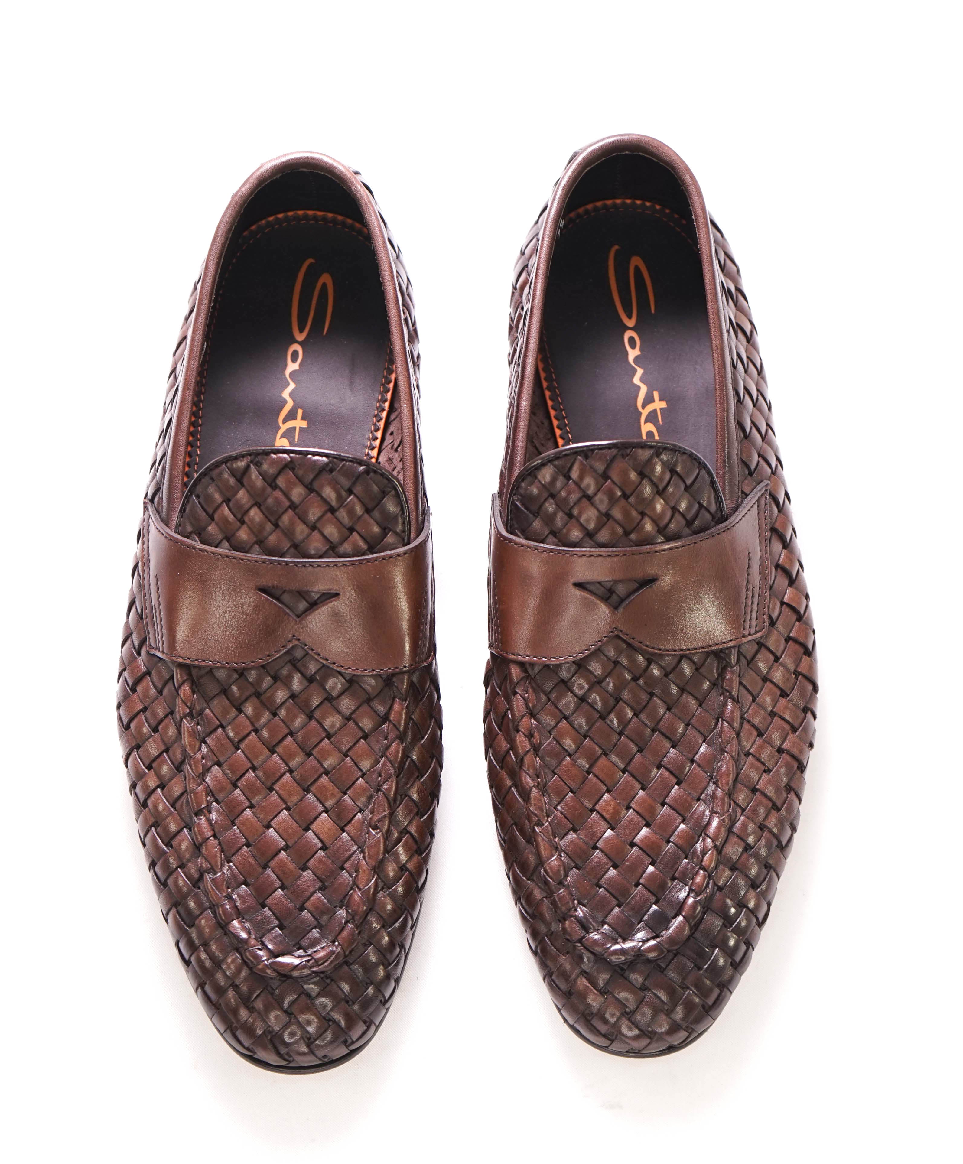 $1,080 SANTONI - Brown Hand Antiqued Woven Leather Penny Loafers- 8.5 US (7.5UK)