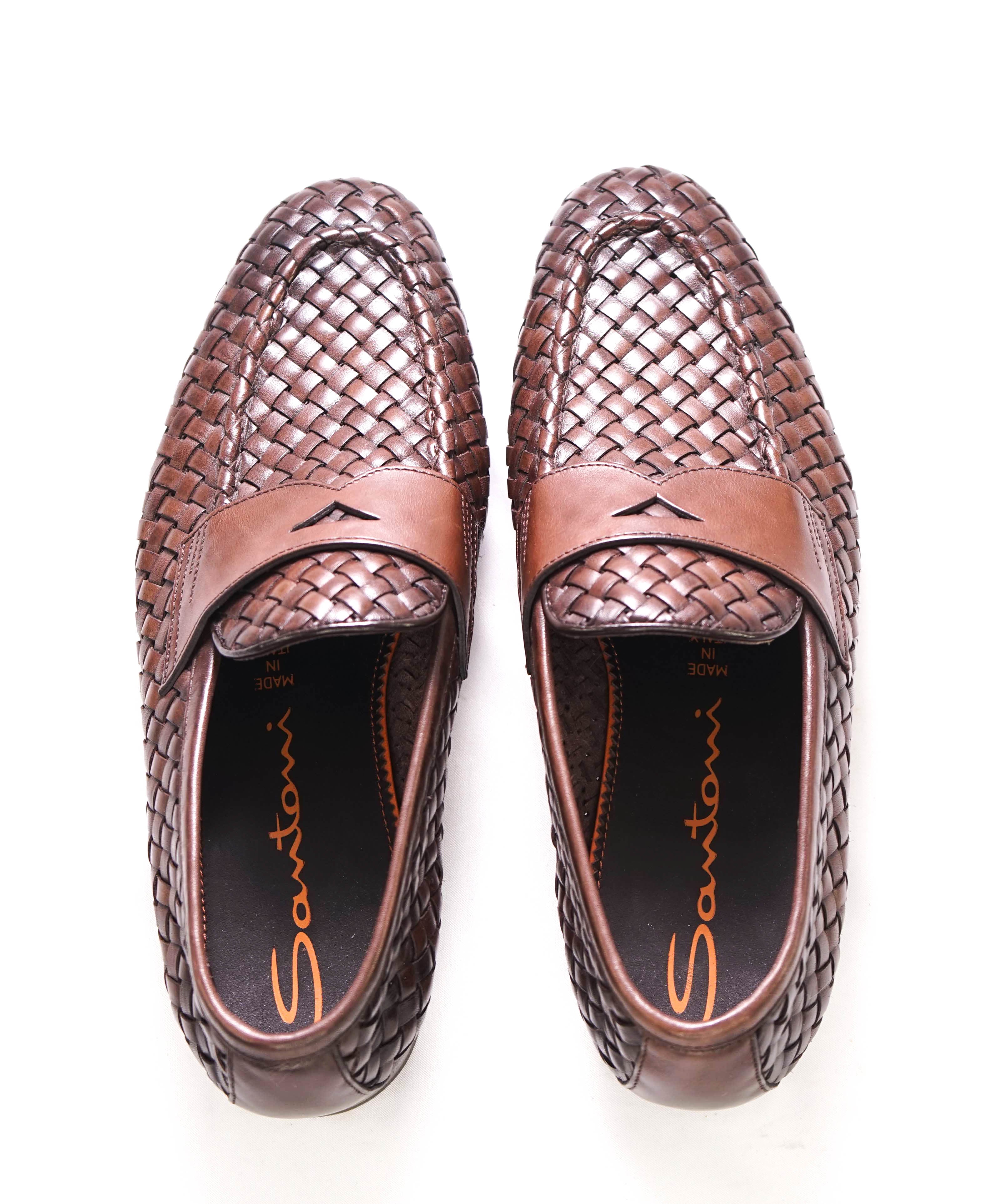$1,080 SANTONI - Brown Hand Antiqued Woven Leather Penny Loafers- 8.5 US (7.5UK)