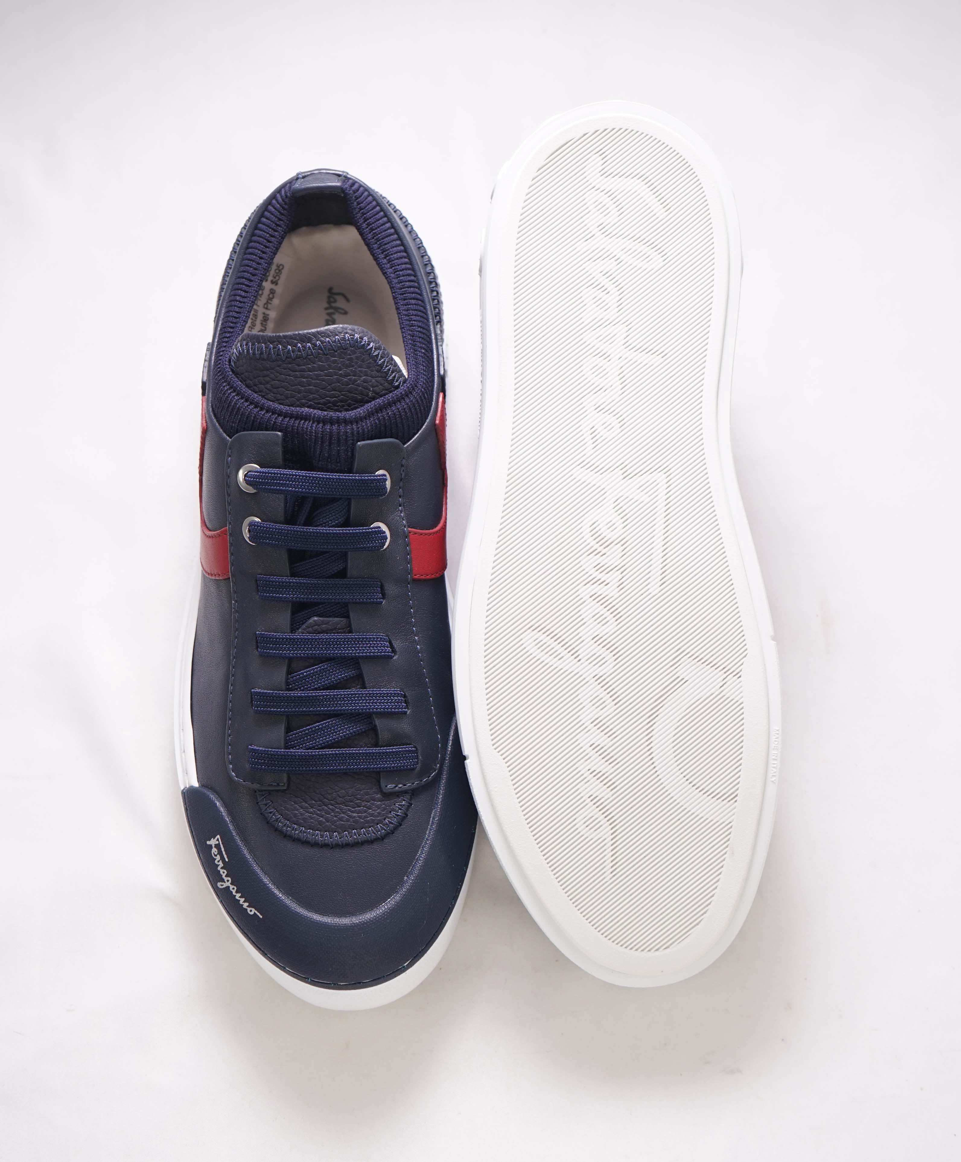 $850 SALVATORE FERRAGAMO - *GANCINI* Navy/Red Leather Sneaker - 7.5 US