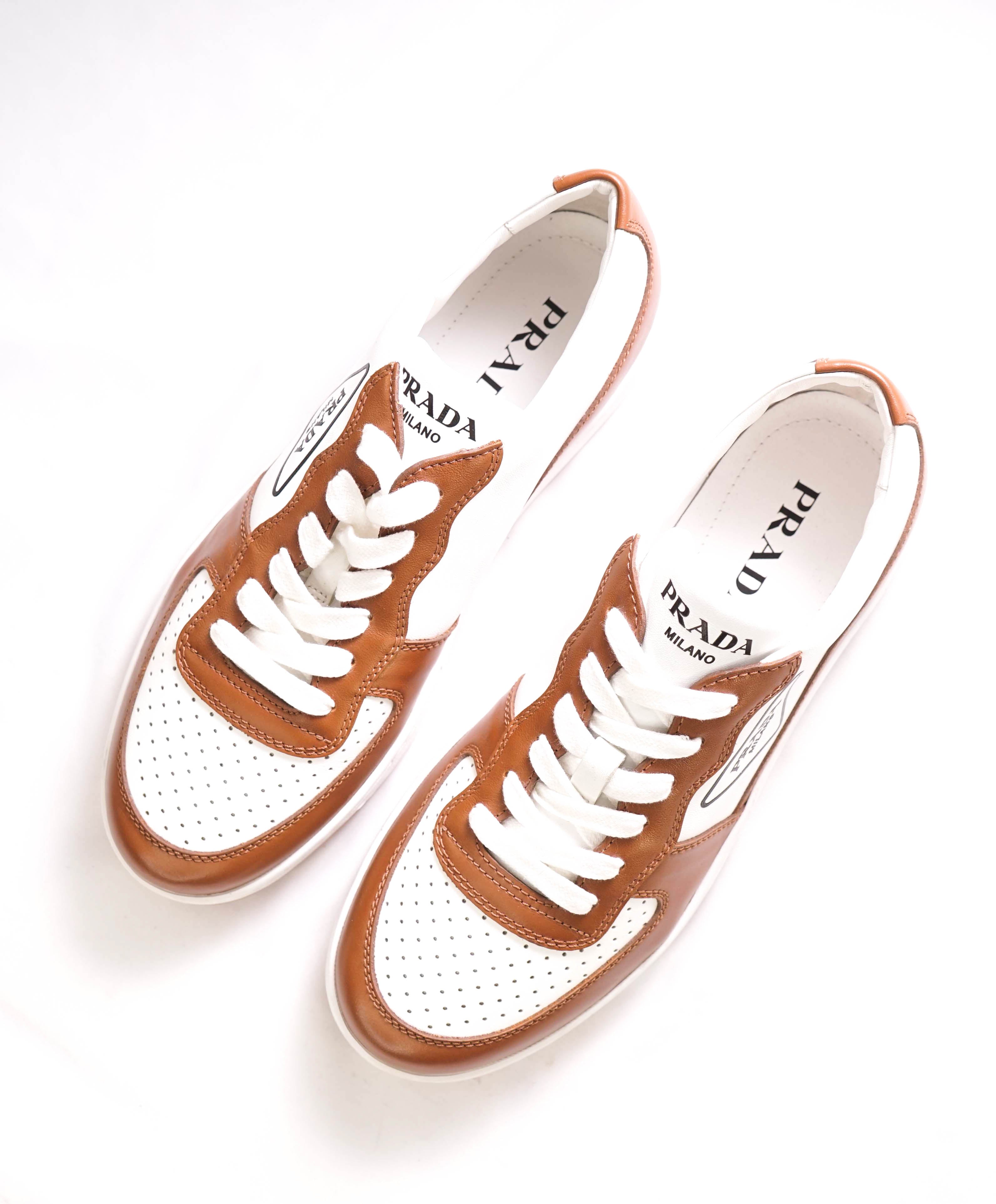 $1,100 PRADA - "DOWNTOWN" White/Camel Leather Sneakers With Logo Detail - 10 US (9 IT)