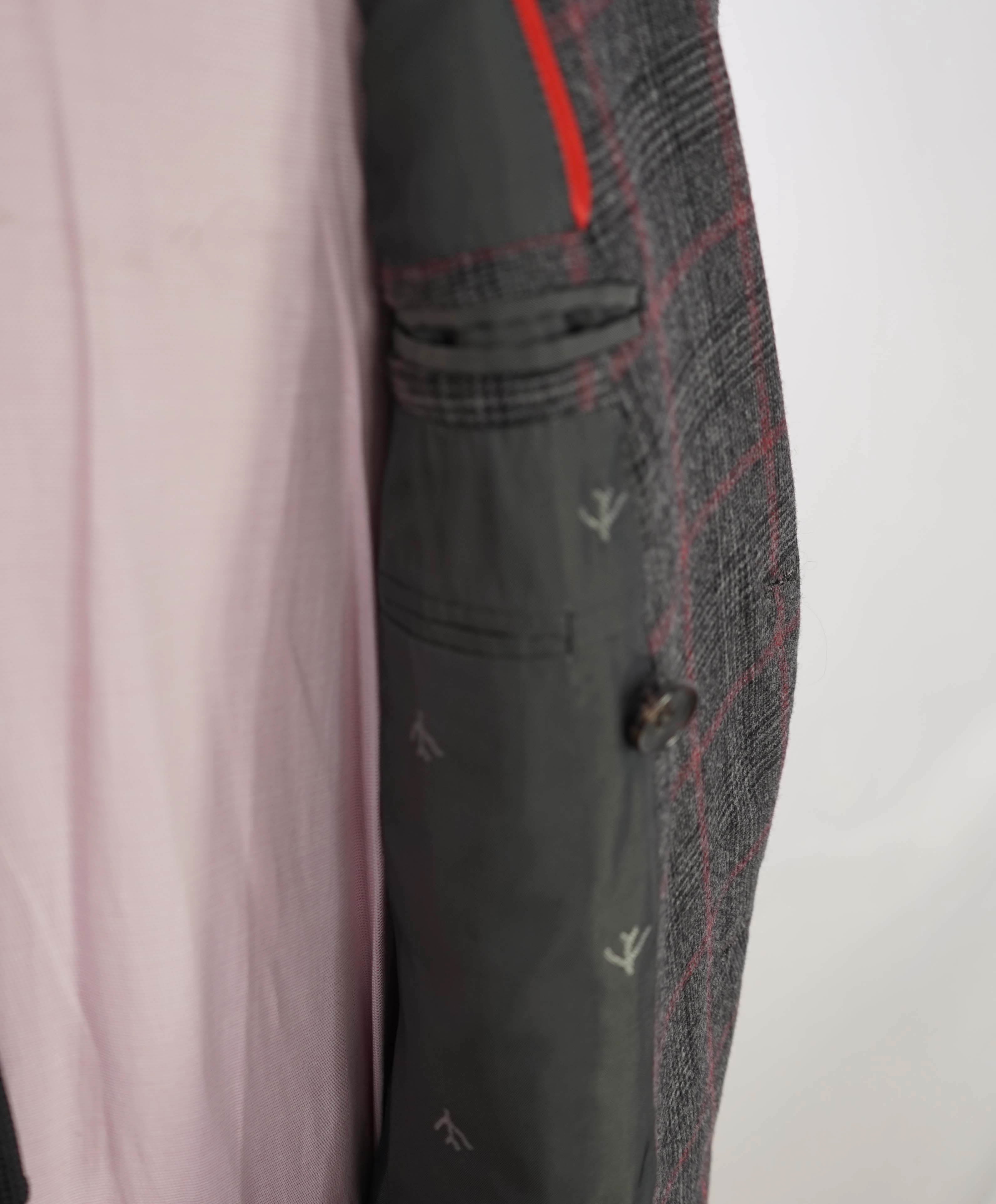 $5,750 ISAIA - "BASE MUSA" Gray & Red Check DOUBLE BREASTED Wool Suit - 40R